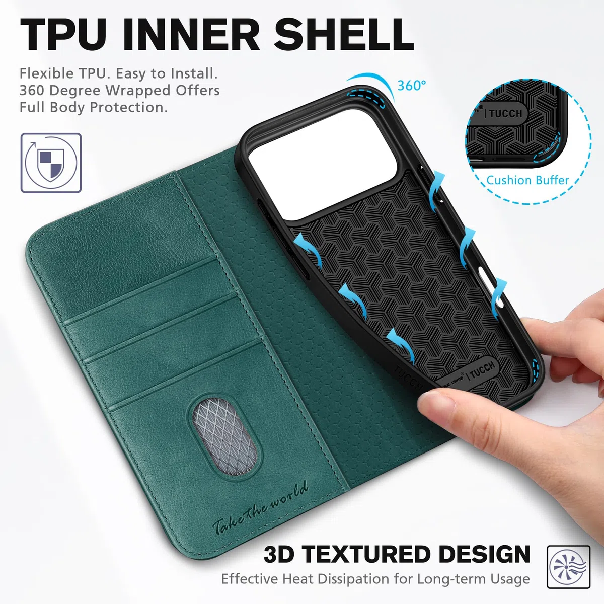 TUCCH Funda Piel para iPhone 17 Pro MAX 6,9-Pulgadas 5G 2025 [Bloqueo RFID] | Funda TPU A Prueba de Golpes Ranuras Tarjetas, Función Soporte Carcasa Case Protección Completa, Verde Pino Texturizado