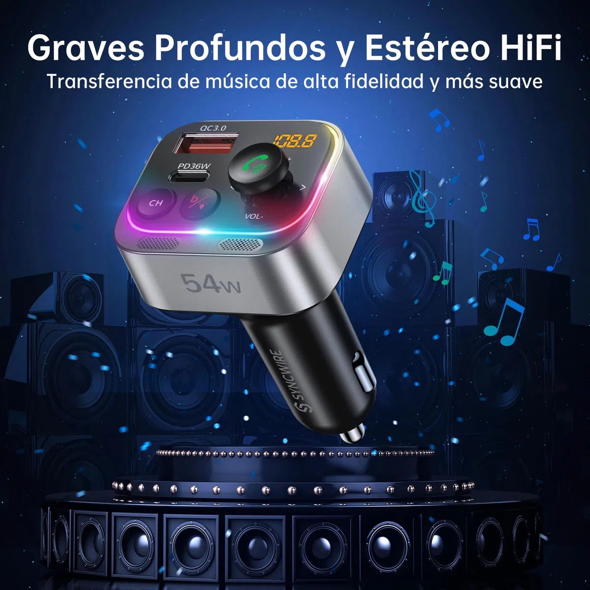 Syncwire Transmisor FM Bluetooth 5.4 54W PD&QC3.0 Cargador de Coche USB C [Micrófonos Duales & Sonido de Bajos HiFi] [Carga Rápida] [Interruptor de Luz] Receptor de Radio Llamadas Manos Libres