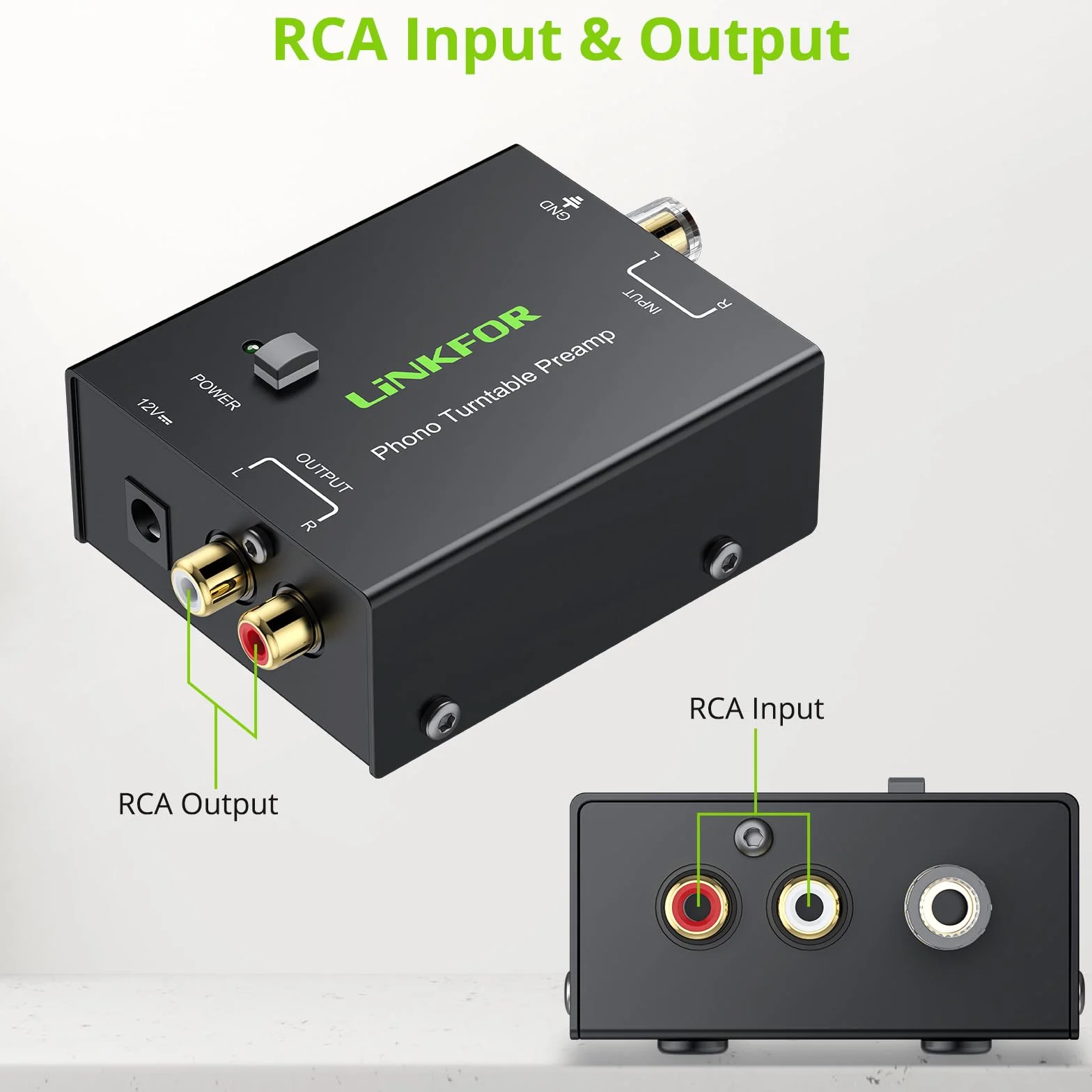 LiNKFOR Preamp de Fono pp900 Ultracompacto Preamplificador de Tocadiscos Bajo Ruido con Entradas y Salidas RCA, Adaptador de Corriente 12V/1A Mini Preamp de Fono para Tocadiscos