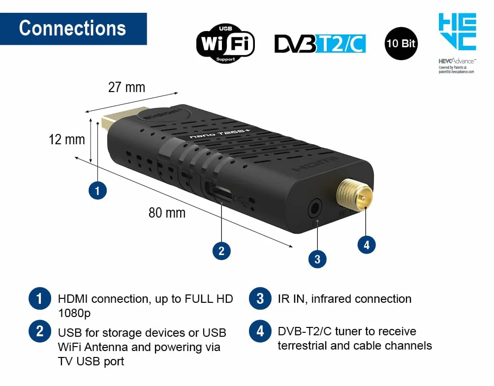 EDISION Nano T265+ Receptor dongle HDMI Terrestre TDT DVB-T2 y por Cable DVB-C, H265 HEVC, FTA, Full HD, PVR, USB, HDMI, Sensor IR, Soporte USB WiFi, Mando a Distancia Universal 2en1