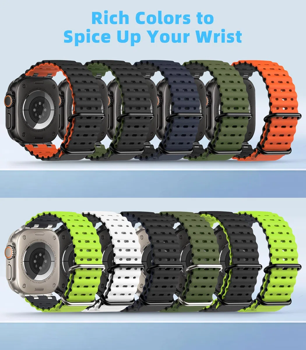 MoKo Correa Ocean Compatible con Apple Watch Ultra 3/2/1 49 mm, S11/S10 46 mm, 9/8/7 45 mm, SE3/SE2/SE/6/5/4 44 mm, 3/2/1 42 mm, Correa Deportiva de Silicona Transpirable, Negro/Negro&Azul Marino