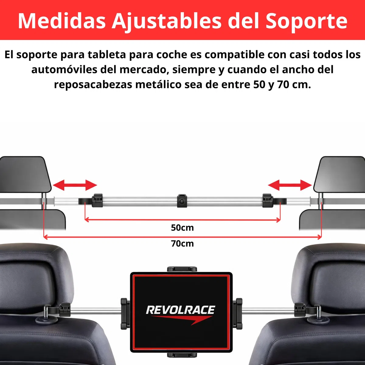 Soporte Tablet Coche Entre Dos Reposacabezas, Ultra Estable y Ajustable 360º, Compatible iPad 4.7-14", Ideal para Viajes en Asiento Trasero. Incluye Cable USB-c
