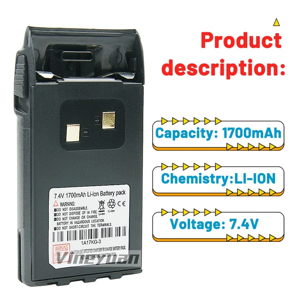 7.4V 1700mAh 1A17KG-3 Batería para WouXun KG-UVD1P KG-UV6D KG-659 KG-699 KG-689 Batería de Iones de Litio rápida de Radio bidireccional con Clip para cinturón