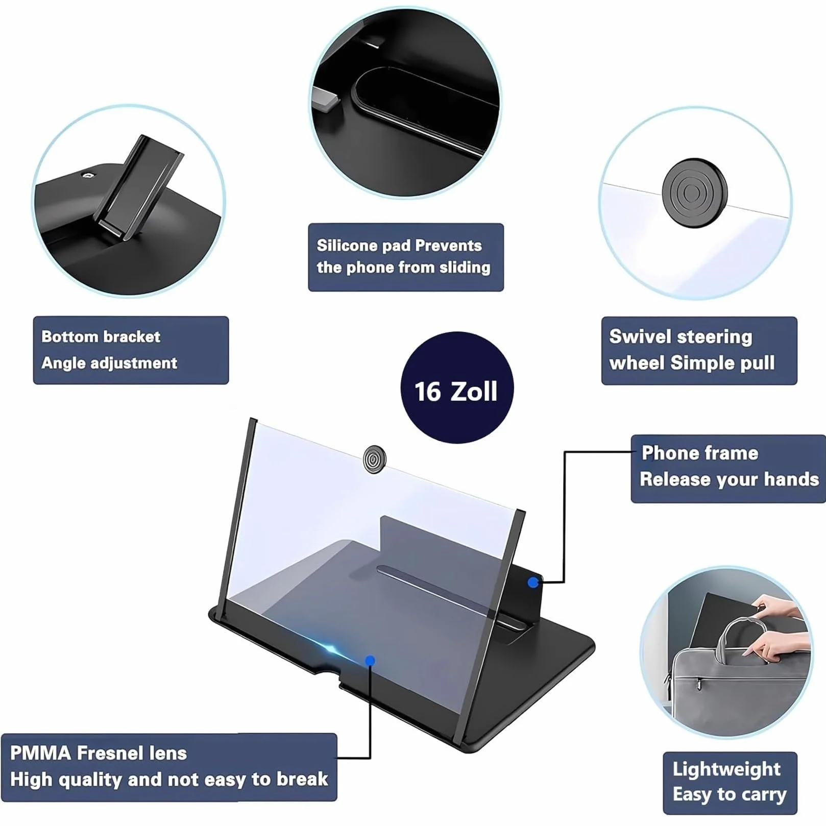 Amplificador de Pantalla de móvil, 16 Pulgadas HD Lupa para movil, Amplificador de Pantalla, para Todos los Smartphones, para Ver películas y Videos (Negro)