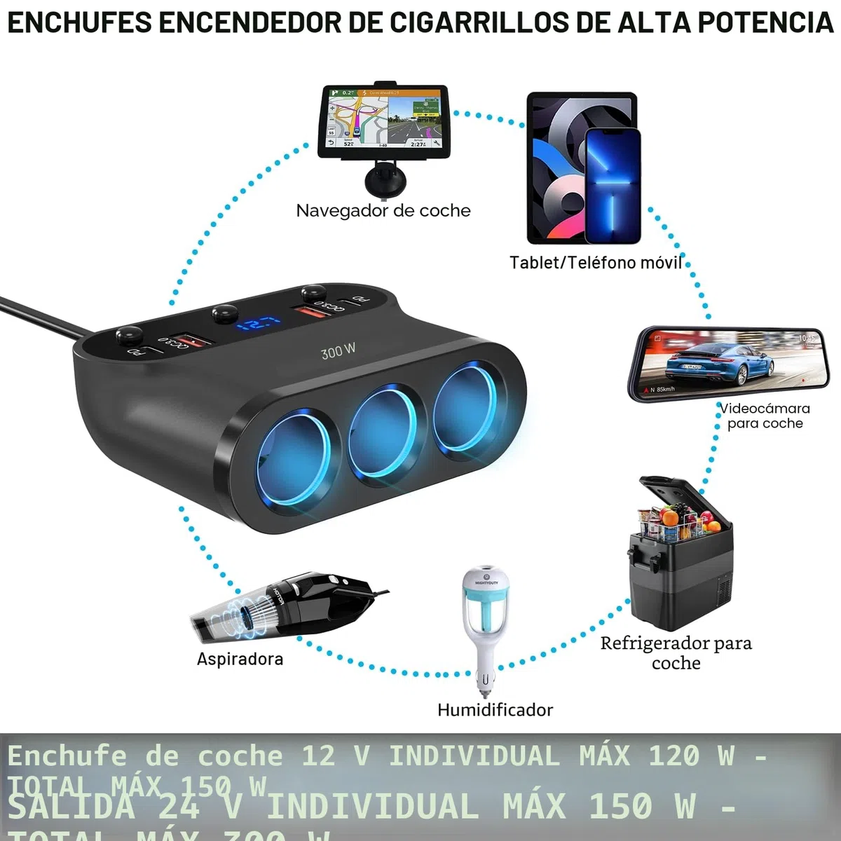 Qidoe 7-en-1 Adaptador Divisor Encendedor 300W: Duales PD3.0 y QC3.0 Cargador Mechero de Coche 12V/24V con 3 Tomas Interruptor y LED Voltímetro para Tableta/Teléfono/GPS/Dash CAM