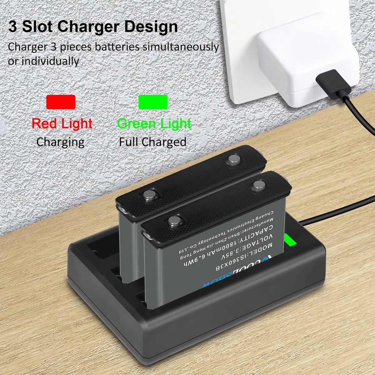 COOLSHOW Cámara de Acción X3 Batería de Repuesto 1800mAh 2 Packs y Cargador Triple X3 Compatible con Cámara X3 (Reemplaza para Batería X3)