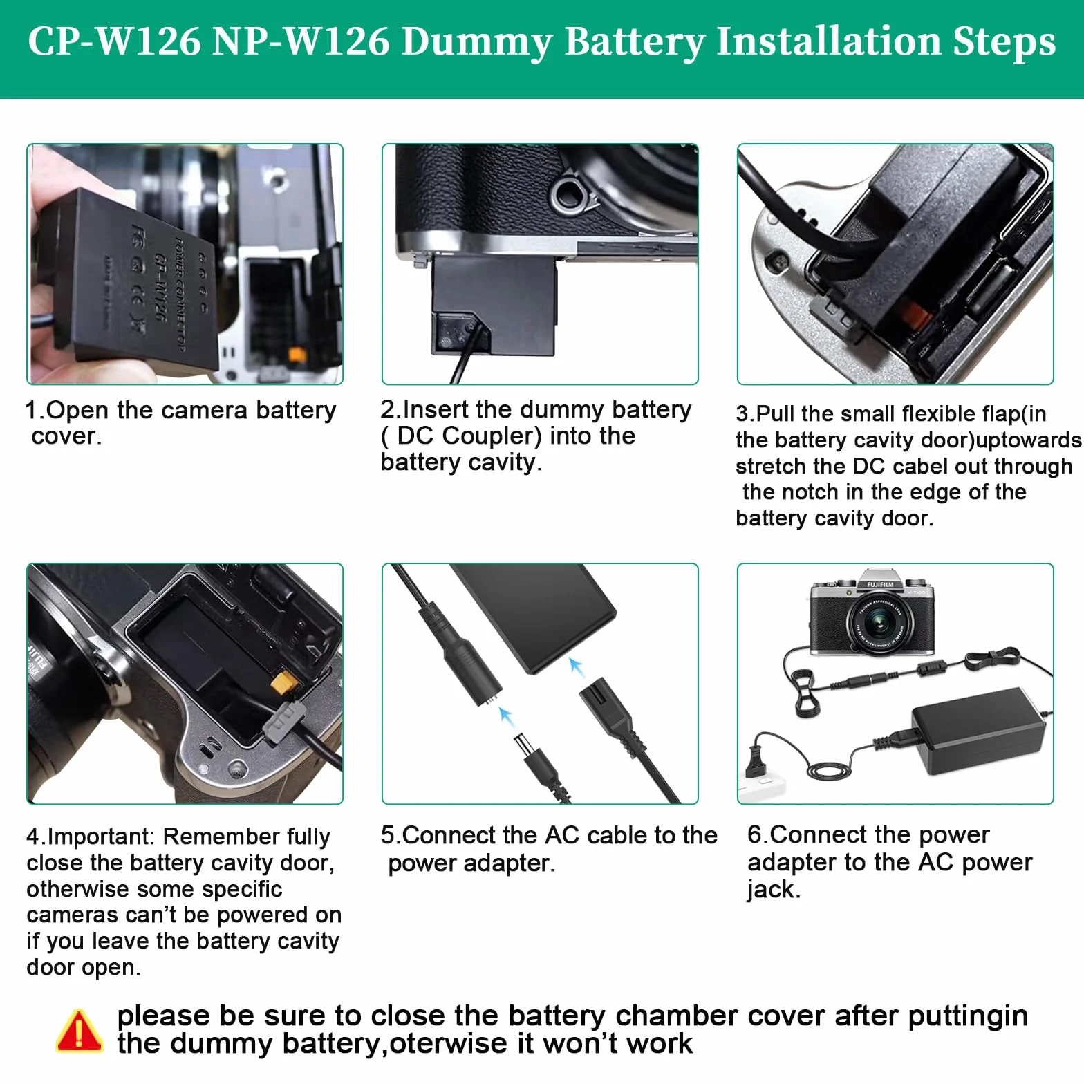 NP-W126 NP-W126S Adaptador de corriente CP-W126 DC Acoplador Kit para FUJIFLIM X100VI X-T30 II X-S10 X-T200 X100F X100V X-A5 X-E4 X-Pro3 X-T3 X-T20 X-T30 II cámaras