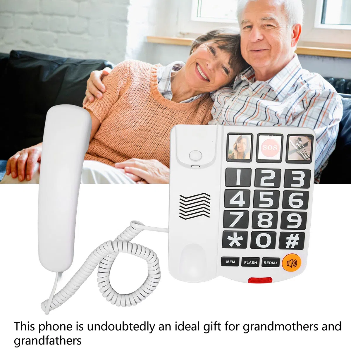 Teléfono con Botón Grande para Obsequios para Personas Mayores, Teléfono Fijo con Cable con Botón SOS, Tonos de Llamada con Altavoz Alto, Marcación Rápida con un Solo Toque, (Blanco)