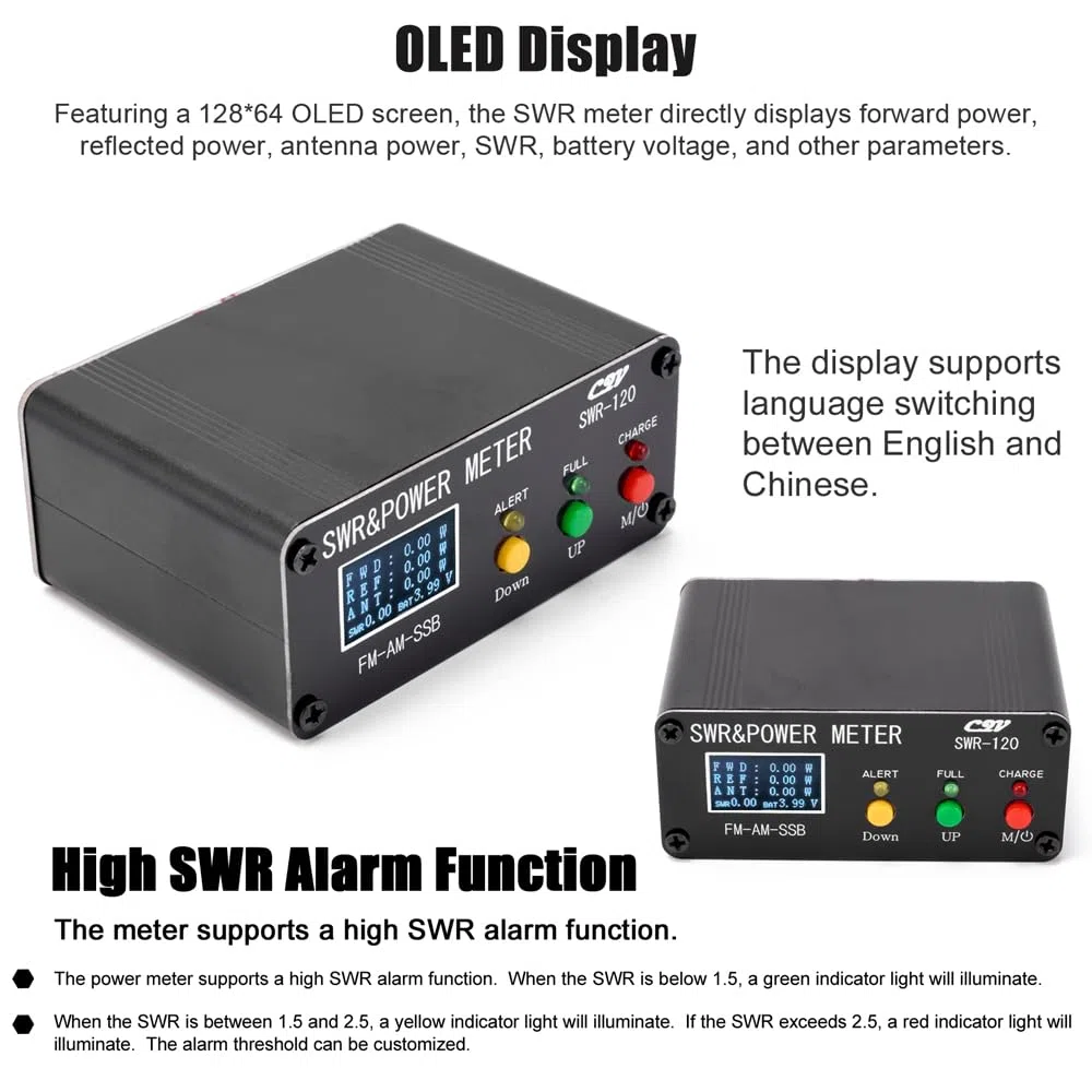 HUIOP Medidor de Roe Medidor de Onda estacionaria de Potencia Digital SWR de 120 W Medidor de Onda Corta de 1,8-54 Modos FM Am SSB Medidor de Potencia Compatible con SWR/Potencia Ajustable y función
