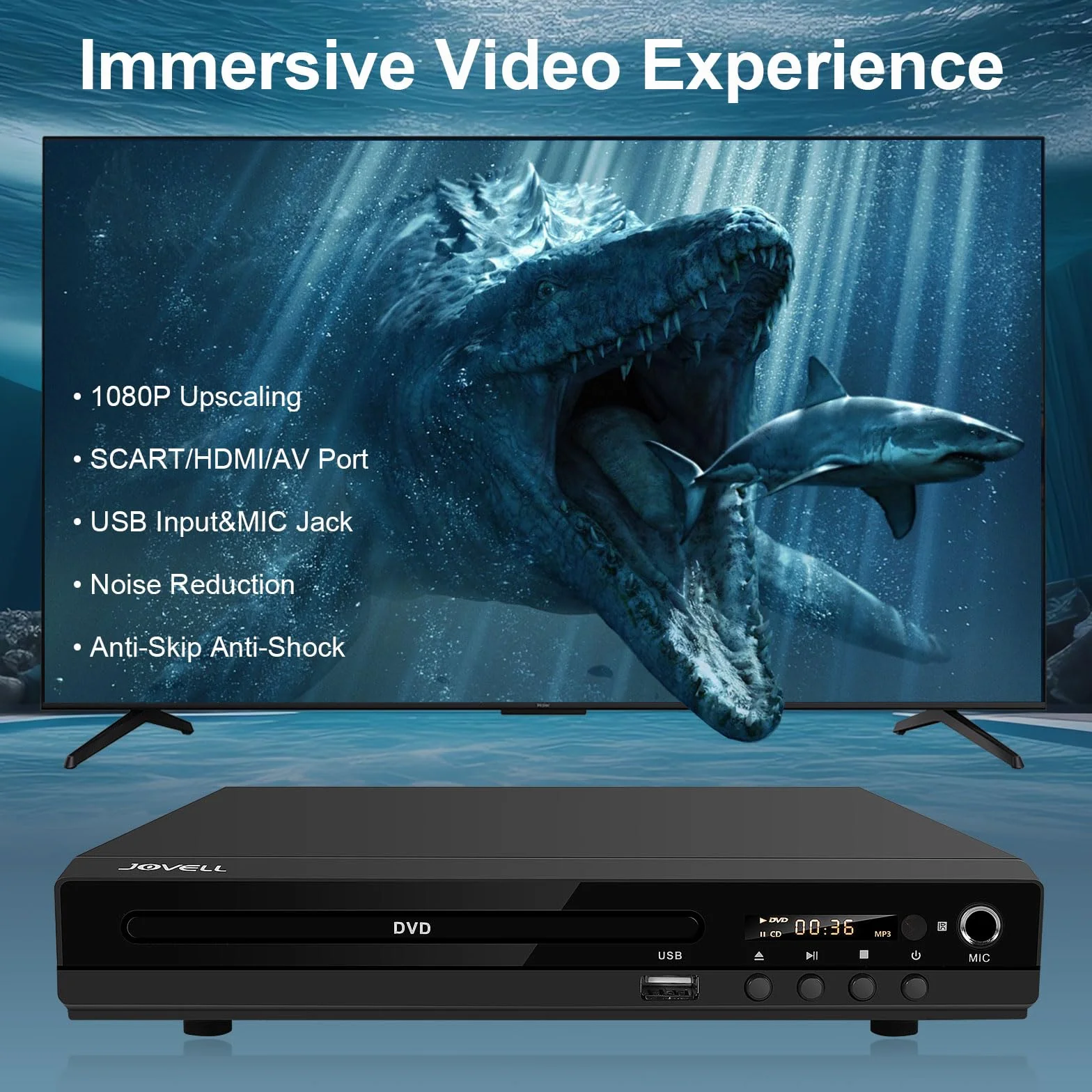 Reproductor de DVD con Euroconector, JOVELL Reproductores de DVD Multiregión para TV con Entrada USB, Salida HDMI AV, PAL NTSC Integrado, Reproduce Múltiples Formatos (No Compatible con BLU-Ray)