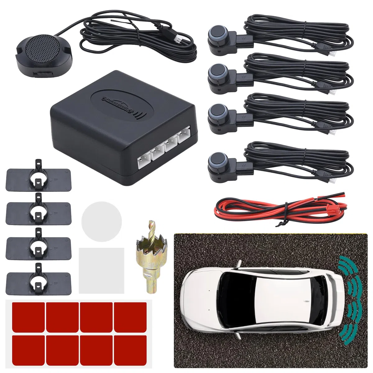 KAOLALI Sensor Coche Aparcamiento Universal 4 Sensores Kit sensores Aparcamiento Coche Sistema de Sensor de Estacionamiento, Kit de Alarma de Audio de Marcha Atrás (Negro)
