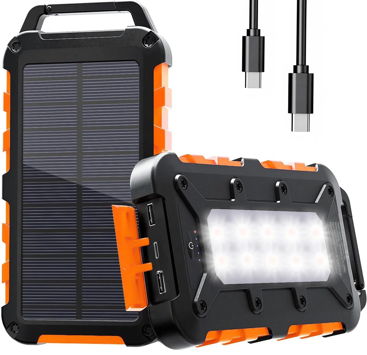 Cargador Solar 10000mAh, Power Bank Solar Batería Externa Portátil PD22.5W USB C Carga Rápida Impermeable 3 Salidas y 2 Entradas con Linterna LED para Moviles Tabletas Etc.