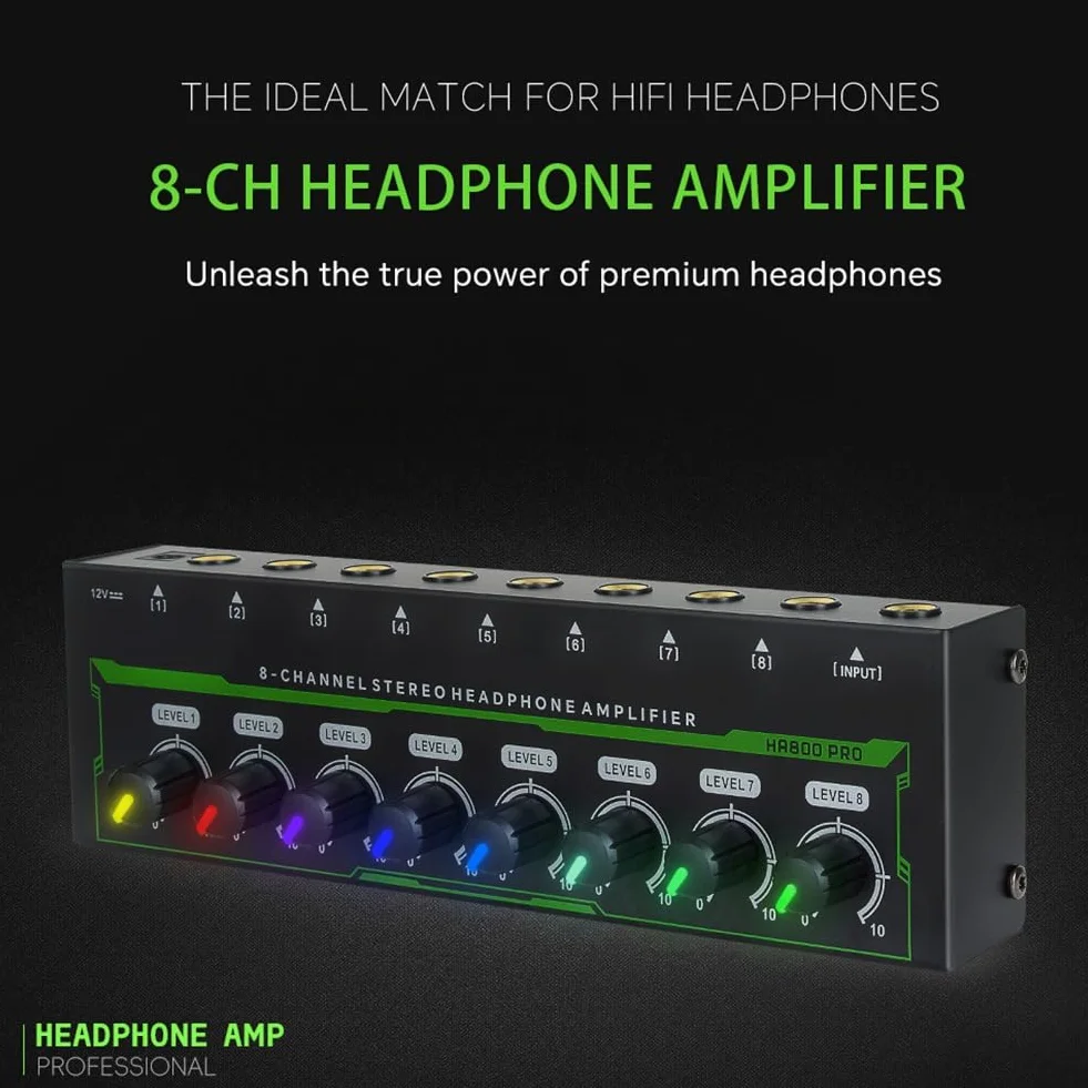 Amplificador de Auriculares HA800 Pro de 8 Canales, Amplificador Estéreo RGB, Microamplificador para Mezclador de Música, Amplificador de Sonido para Grabación (UE)