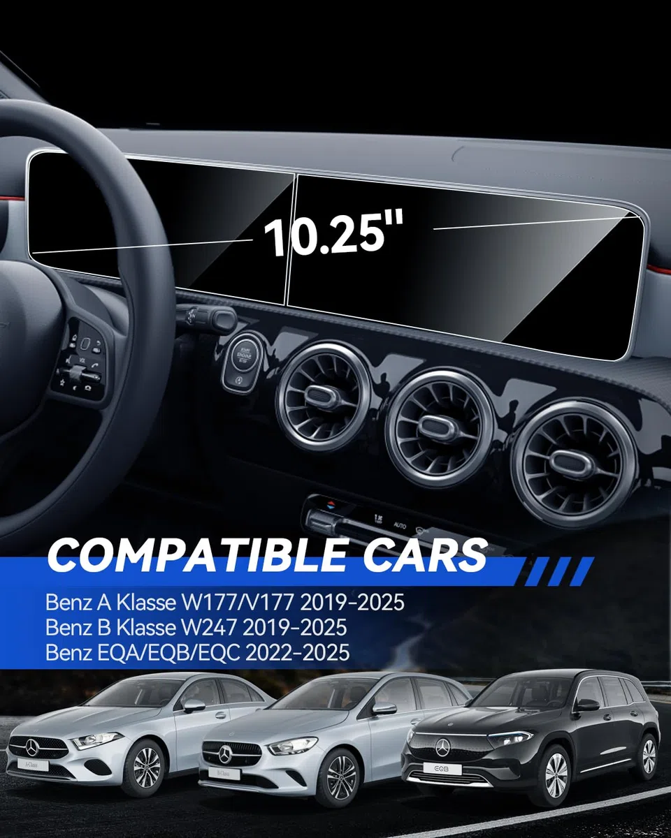 Protector de pantalla HD Serie 9H 10,25 pulgadas para Mercedes Benz Clase A W177/V177, Clase B W247 2019-2025 y EQA/EQB/EQC 2022-2025 Protector de pantalla antiarañazos