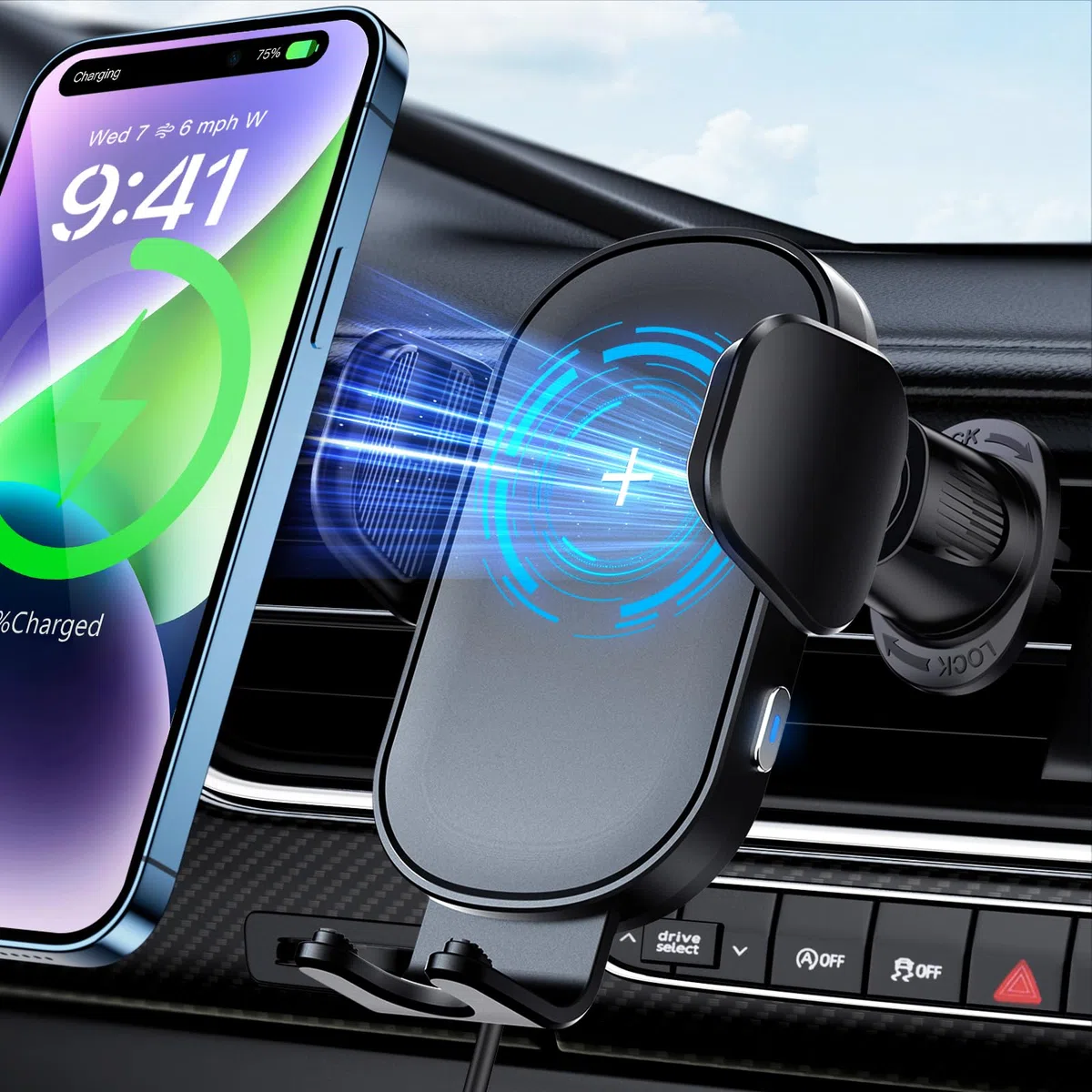 Beeasy Qi 15W Cargador Inalámbrico Coche-Wireless Car Charger Soporte Estable con Rotación 360° con Bloqueo Automático Rápida Salida de Aire para iPhone Samsung Huawei LG y Otros