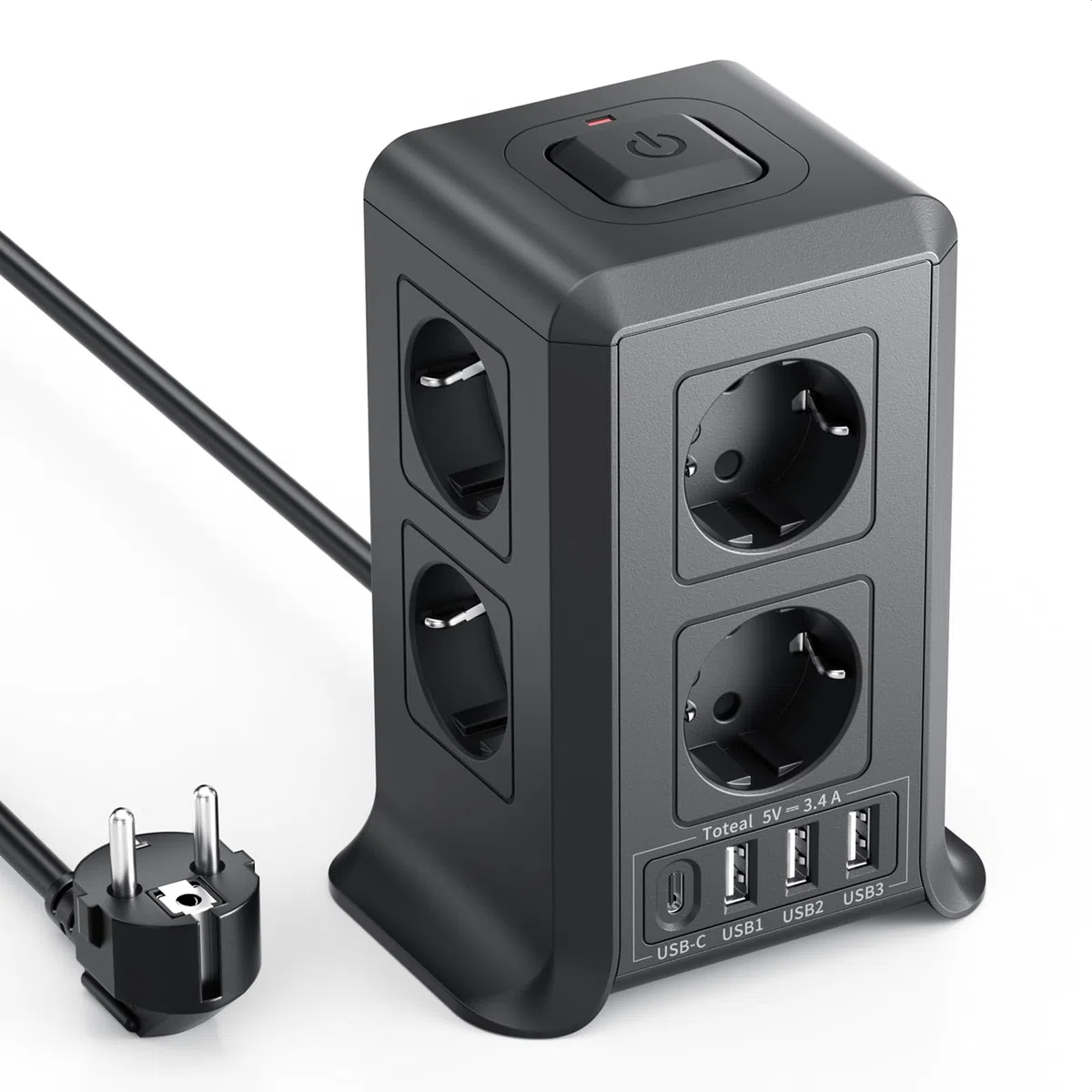 3M Torre Regletas Enchufes, Regleta Enchufes Proteccion Sobretension con Interruptor, con 8 Tomas de AC y 4 USB Regleta Vertical, Enchufe Multiple es Adecuado para Escritorios, Salones y Dormitorios