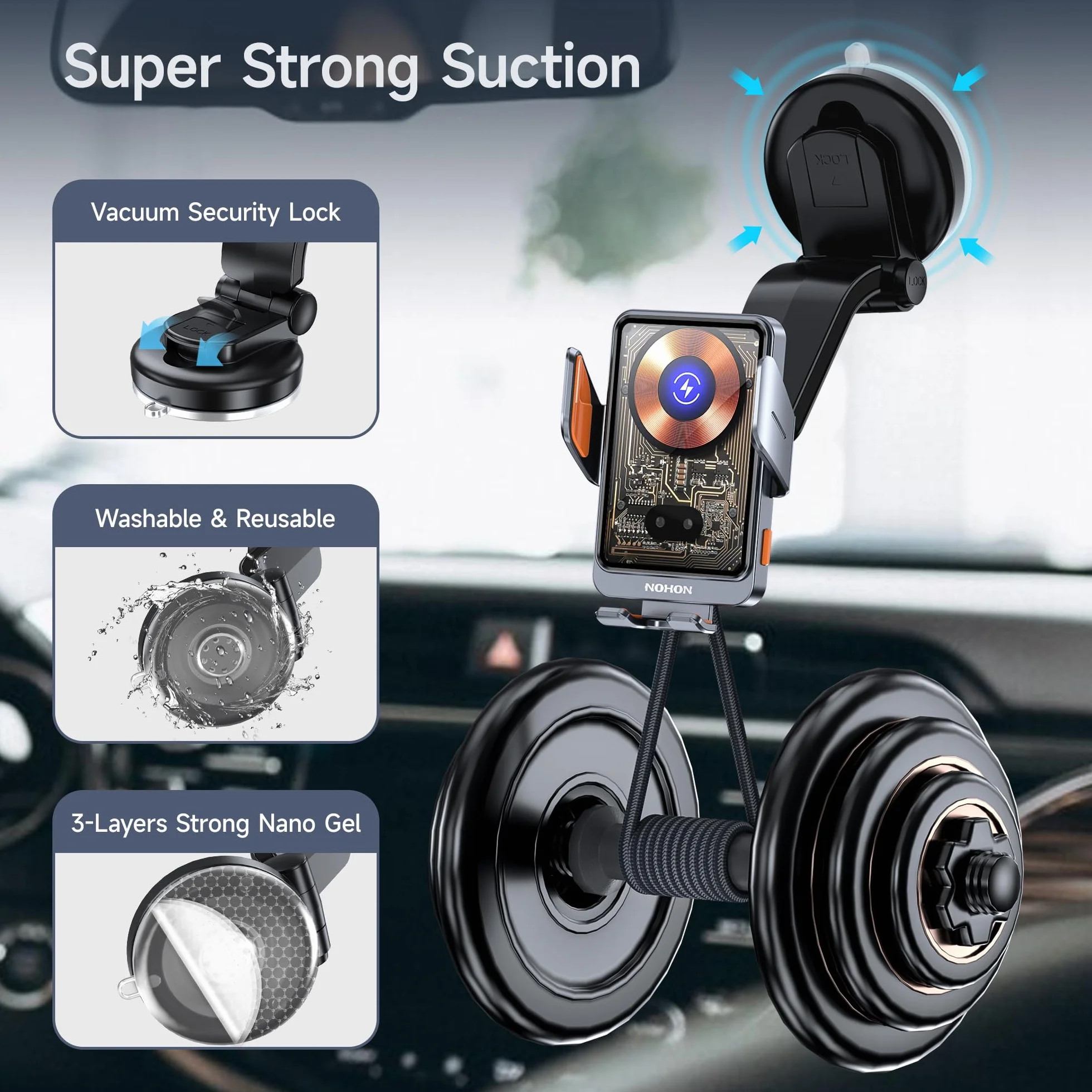 NOHON Qi Cargador Inalambrico Coche：15W Soporte Movil Coche Cargador Sujeción Automático, Soporte Cargador Movil Coche Carga Rápida con Ventosa/Clip de Ventilación para iPhone/Samsung/Xiaomi/OPPO