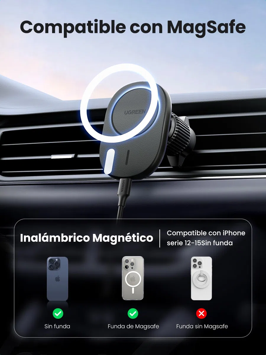 UGREEN Cargador Inalámbrico Magnético, Soporte Móvil para Aire Ventilación Carga Qi 15W, Compatible con iPhone 16 Plus Pro Max/15/14/13/12 Series