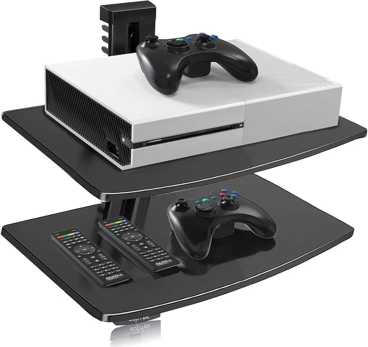 suptek Estantería Flotante de Pared de 2 Niveles: Soporte de Vidrio Templado para Reproductores DVD, Consolas de Juego y Accesorios AV, Carga 8kg/Estante, CS202