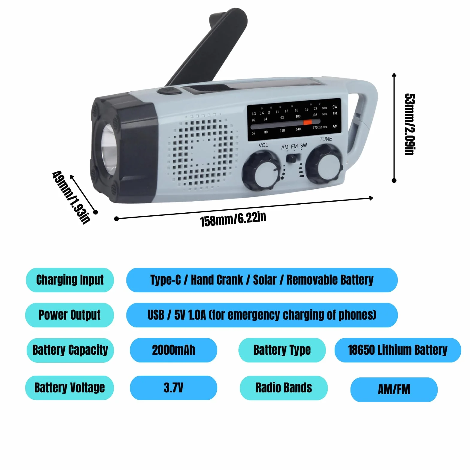 Radio de Emergencia Portátil Radio de Manivela con Linterna LED Alarma SOS Am FM 2000mAh Power Bank USB para Acampada Invernal Emergencias Invernales Regalos Unisex