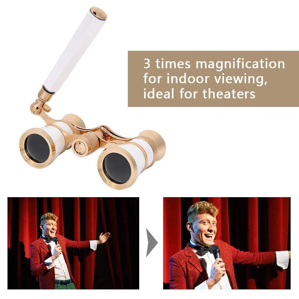 Binoculares para ópera, Gafas de ópera de Enfoque Central 3X25 Binoculares Gafas de Teatro con Prisma BAK-7 y asa para Adultos Mujeres en Concierto Teatro Ópera(Oro Blanco)