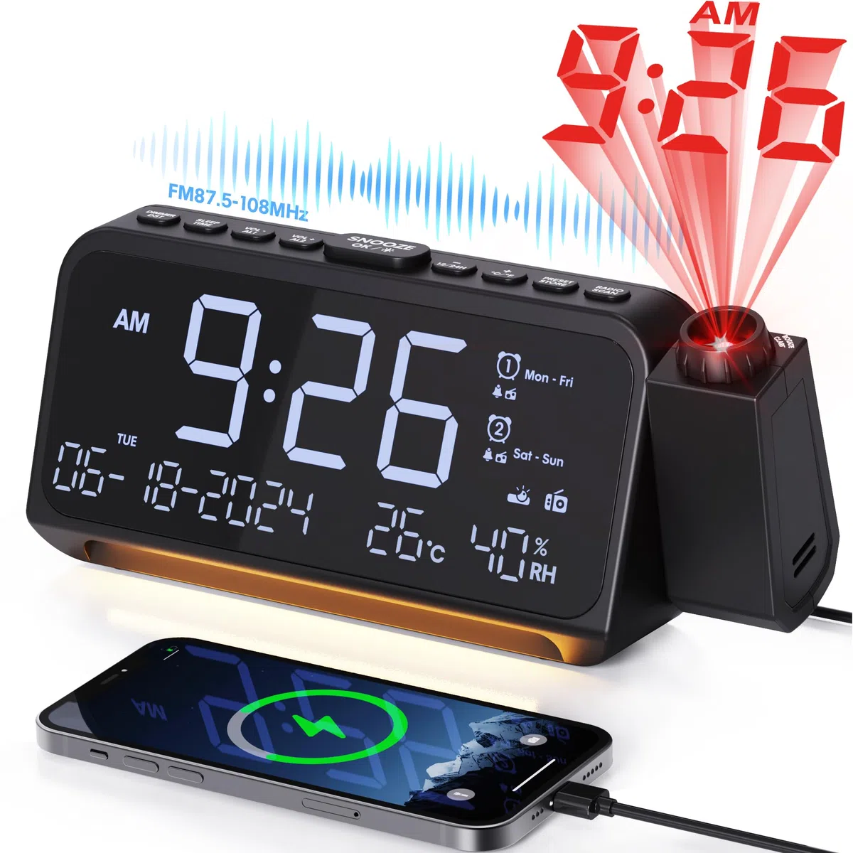 Mesqool Radio Despertador Proyector de Techo con Proyector de 320°, Modo día laborable/Fin de Semana, 2 Alarmas, Cargador USB Tipo C, FM, Regulador de Intensidad, Temperatura, Humedad, Snooze, 12/24H
