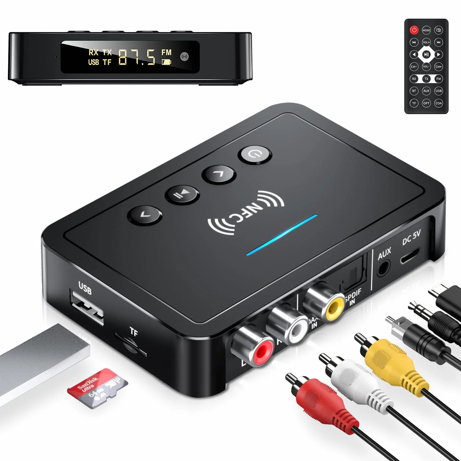 Transmisor Bluetooth, Adaptador Receptor Transmisor Bluetooth 5.0 3 en 1, Transmisor FM con Cable RCA/AUX, Adaptador de Audio Inalámbrico para Sistema Estéreo/TV/PC/Auriculares/Altavoces