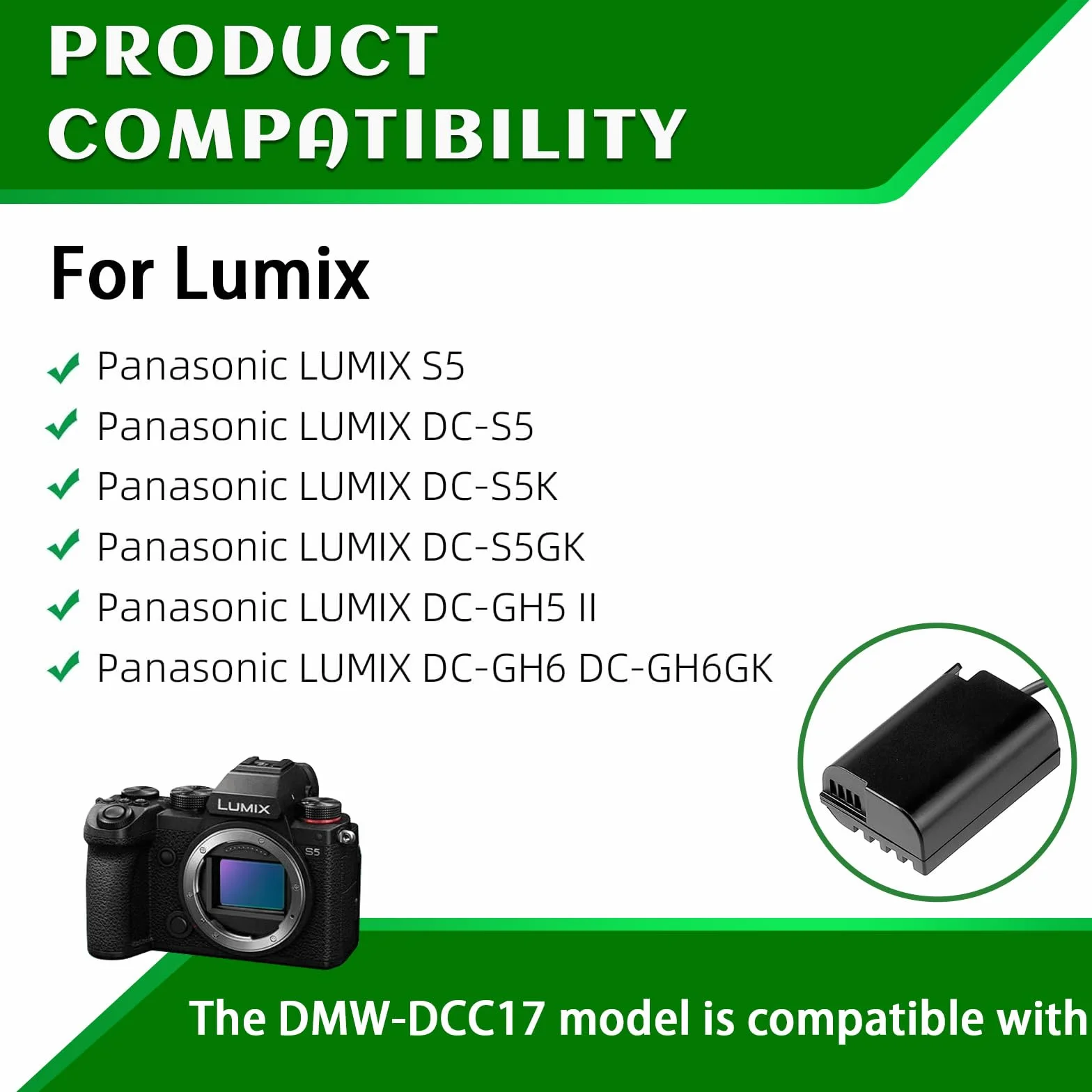 DMW-DCC17 Adaptador de Corriente para Cámara DMW-BLK22 Kit de Alimentación de Batería Dummy para Cámaras Panasonic LUMIX S5 DC-S5 DC-S5K DC-S5GK GH5 II GH6 GH7 Grip de Batería DMW-BGS5