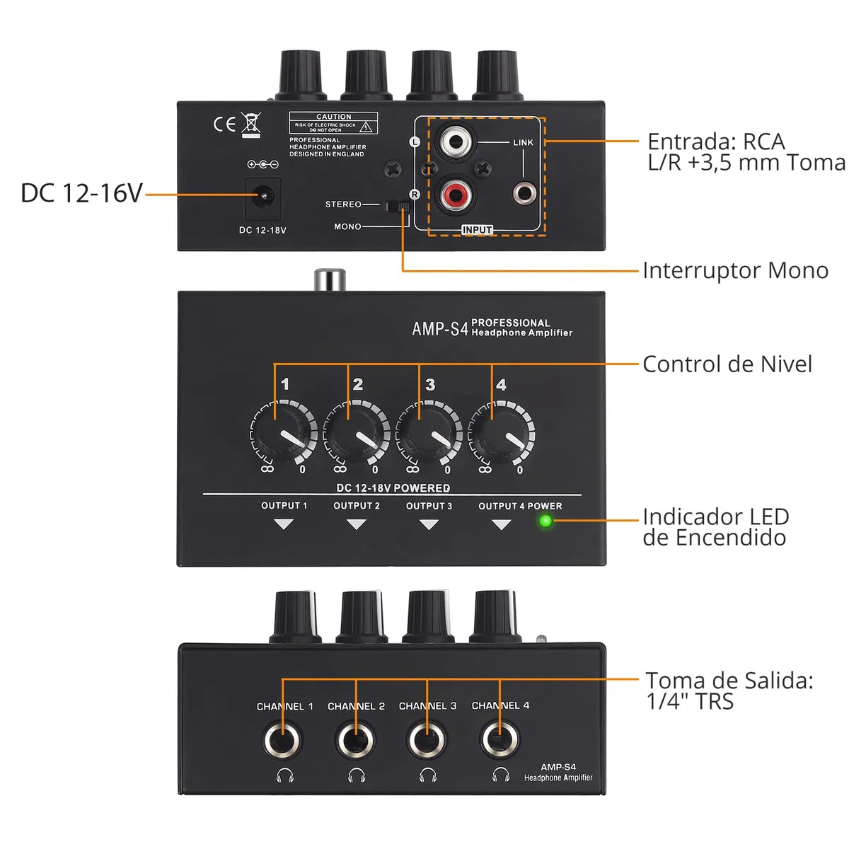 Neoteck Amplificador de Auriculares Estéreo Portátil 4 Canales Divisor Multicanal Jack de Auriculares TRS y Entrada de Audio TRS para Mezclador de Sonido con 5 Piezas de Adaptador 6.35mm to 3.5mm