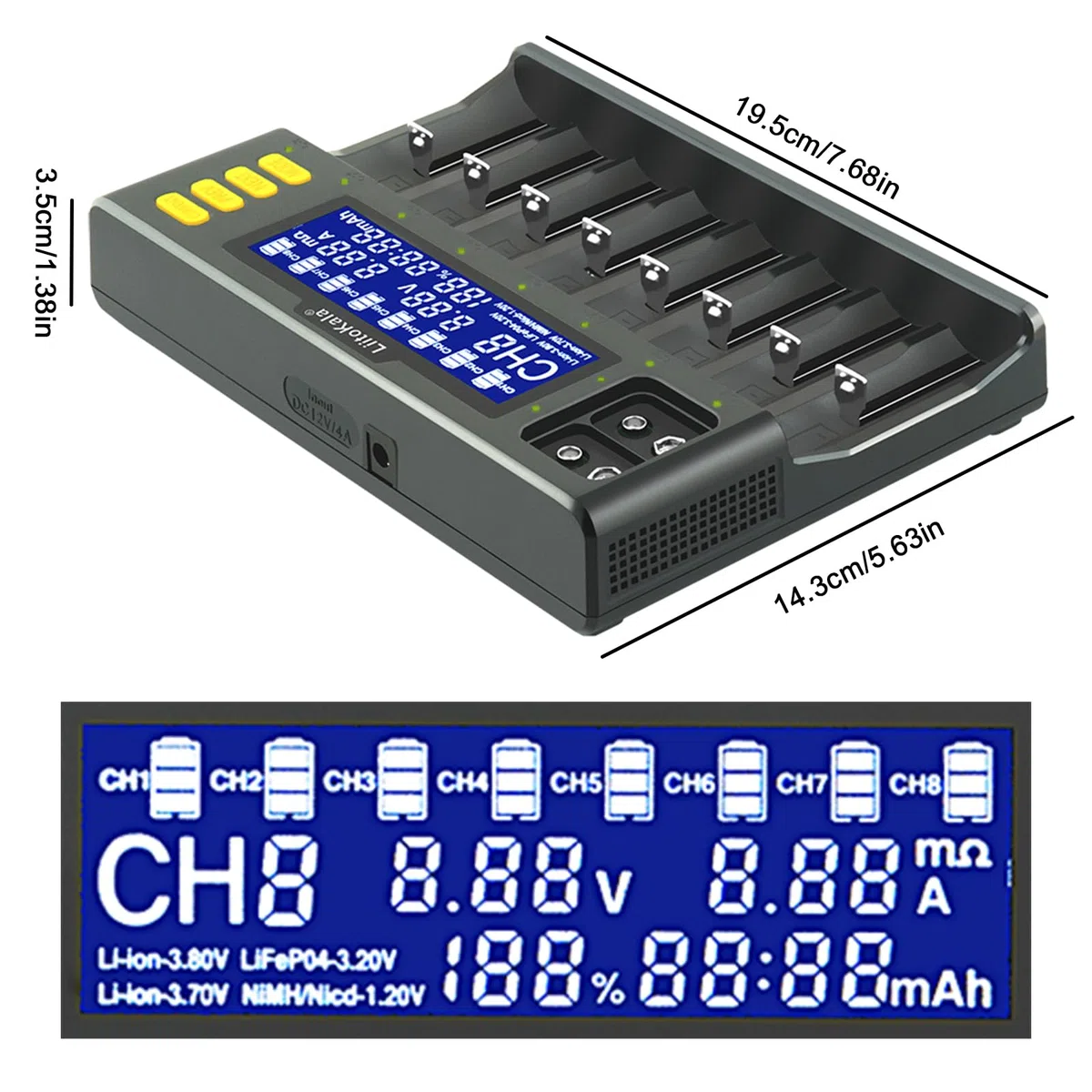 Cargador de batería MXJFYY LiitoKala LII-S8 Cargador rápido con Pantalla LCD táctil, 18650 de 8 Ranuras 9V para Li-Ion LiFePO4 Ni-MH Ni-CD AA AAA C 21700 26650 13650 16340 18700 RCR123