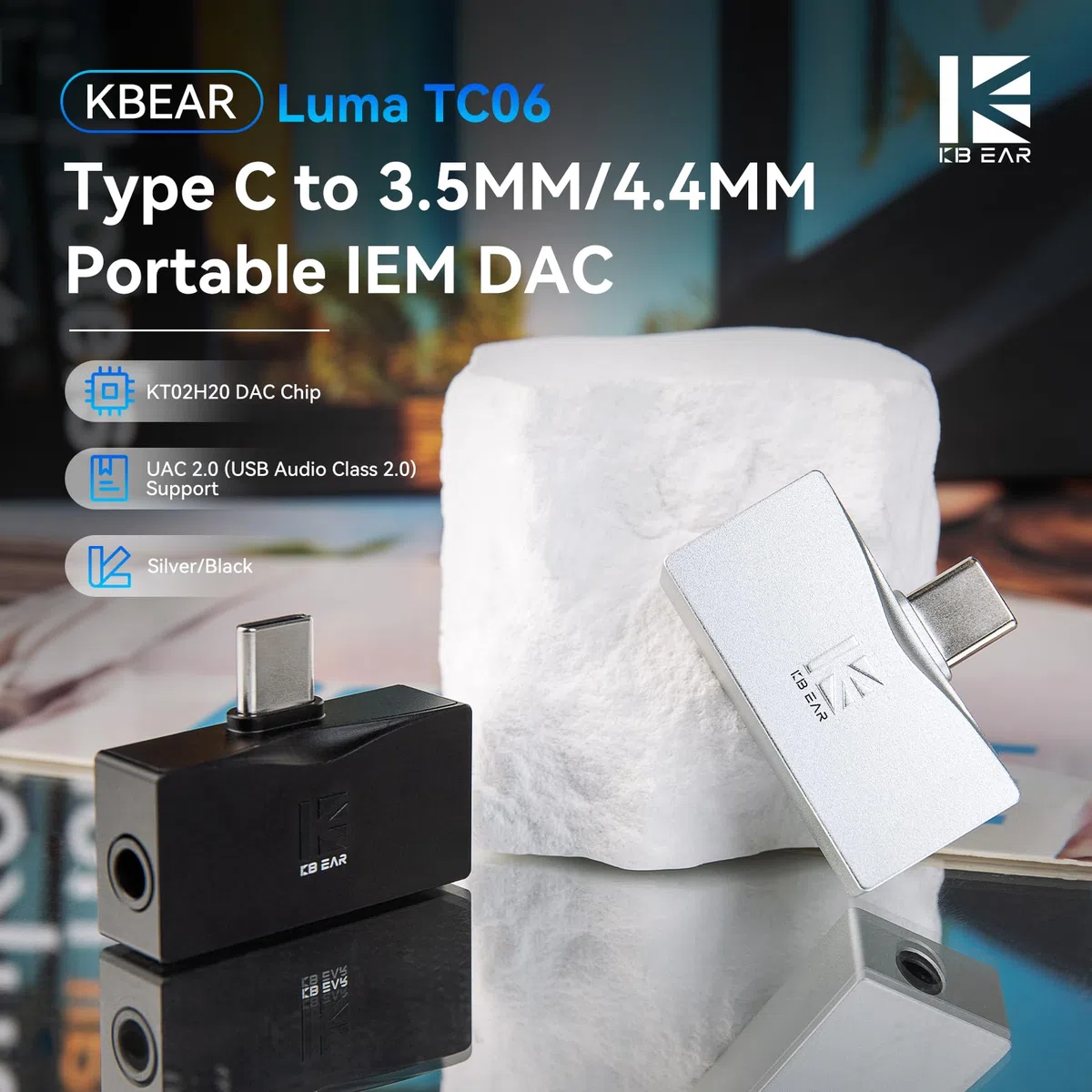 KBEAR Luma TC06 Mini Amplificador Hi-Fi Doble Chip DAC Amplificador de Monitor In-ear USB C a Dual Salida 3.5mm/4.4mm Alta Resolución 32-Bit/384kHz Audio Soporte UAC 2.0 Amplificador Portátil