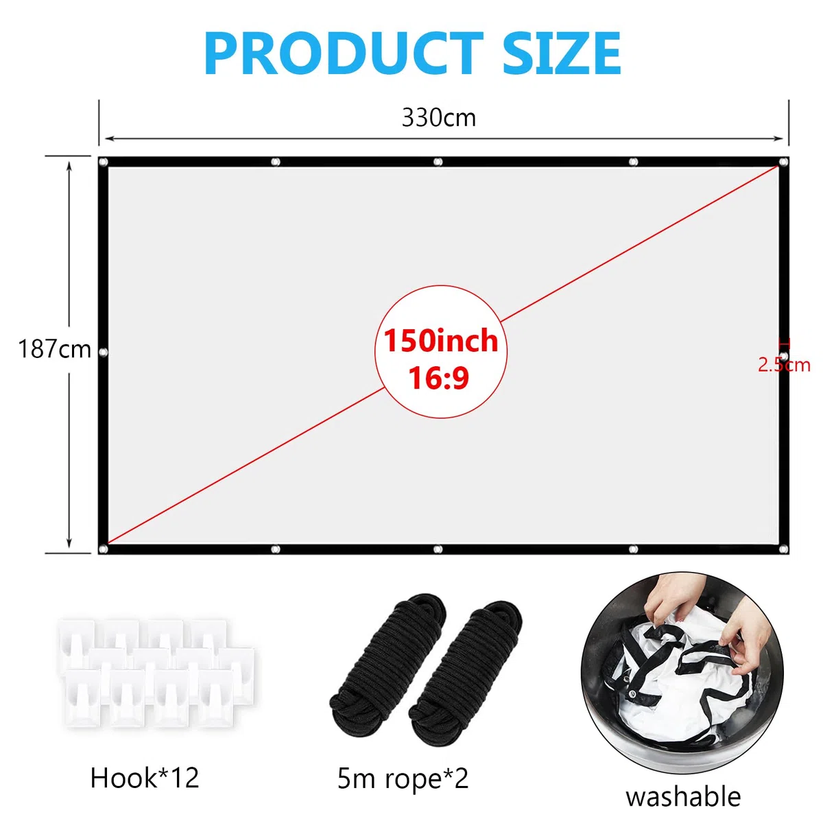 Pantalla de proyección HD 150" 16:9 - Pantalla de proyección portátil plegable con gancho y cuerda - Para casa, escuela, reuniones, camping, cine en casa (12 agujeros)