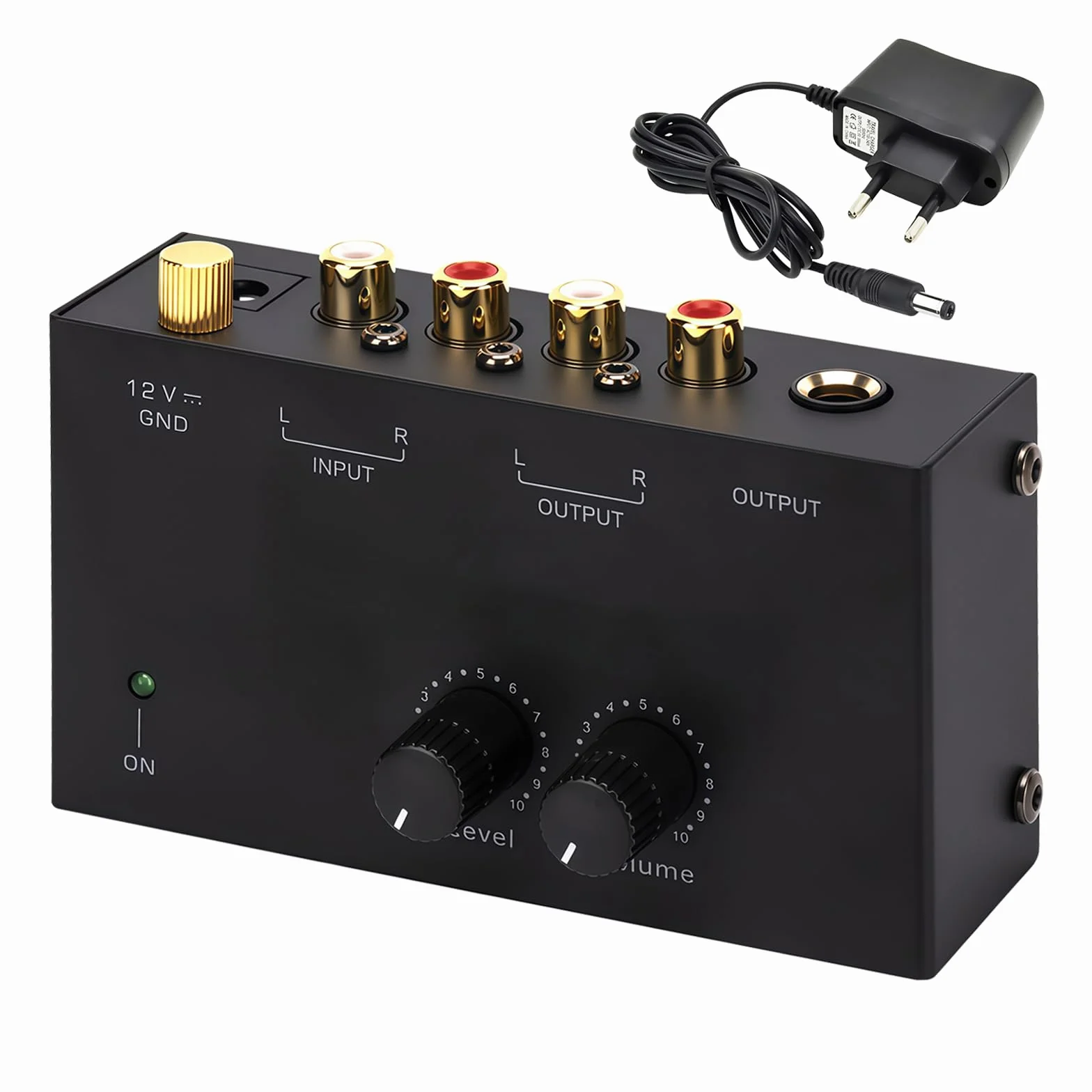 Preamplificador Phono para Tocadiscos: Preamplificador Phono Compatible con Sistemas MM, Entradas y Salidas RCA, Control de Nivel Estéreo, Alimentación 12V CC - Negro