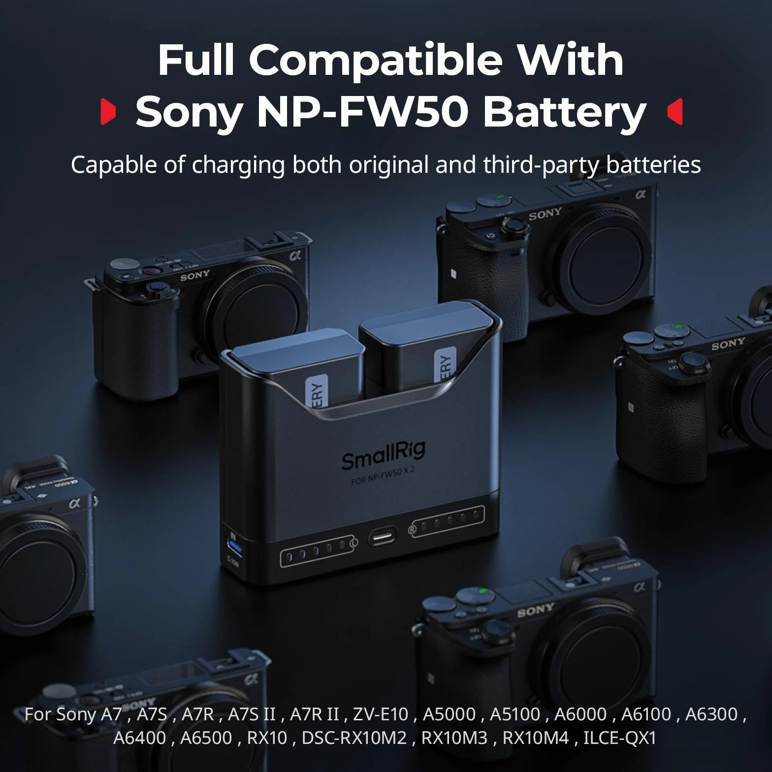 SMALLRIG NP-FW50 Battery Charger for Sony, 2h Dual Slot Camera Charger with 11W USB-C Port, Full Compatible with Sony A6000 A6100 A6300 A6400 ZV-E10 A7 A7S A7R A7SII A7RII A5000 A5100 ILCE-QX1
