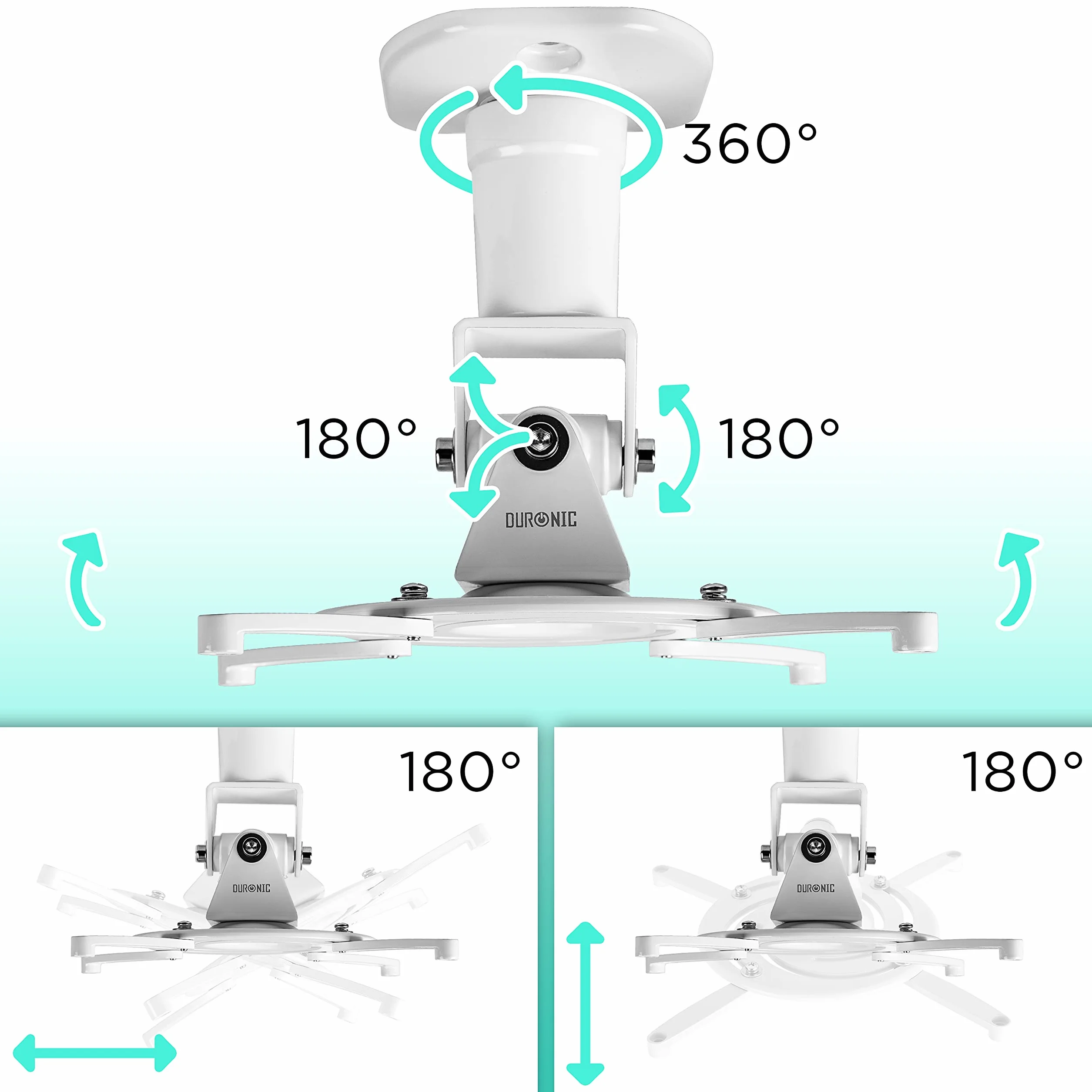 Duronic PB07XB Soporte para Proyector de Techo y Pared, Universal, Giratorio 360º y Articulable hasta 180º, Carga Máx.10 kg, Cine en Casa, Videojuegos, Presentaciones, Color Blanco