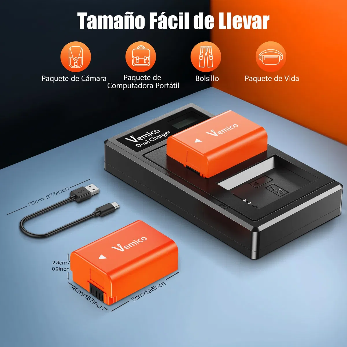 Vemico NP-FW50 Batería de Cargador Kit 2x1200mAh Batería de Repuesto con LCD Doble Tipo-C Cargador para ZV-E10 Alpha 7 7ii 6500 6400 6300 6000 5100 NEX-7 NEX-6 NEX-F3 NEX-3 NEX-5 SLT A55V