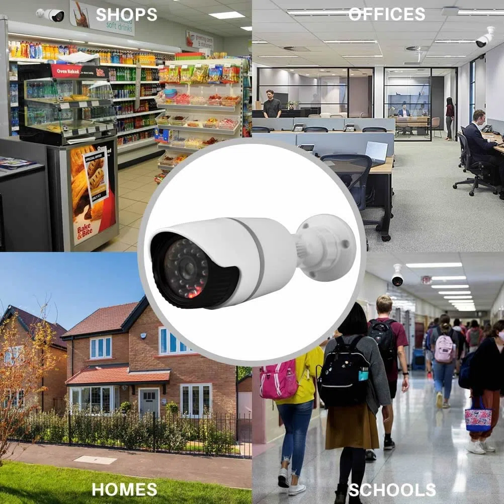 JUSTOP Cámaras CCTV falsas, 2 cámaras de seguridad falsas con LED intermitente, impermeables para uso en interiores o exteriores, carcasa profesional en blanco y negro (paquete de 2 unidades)
