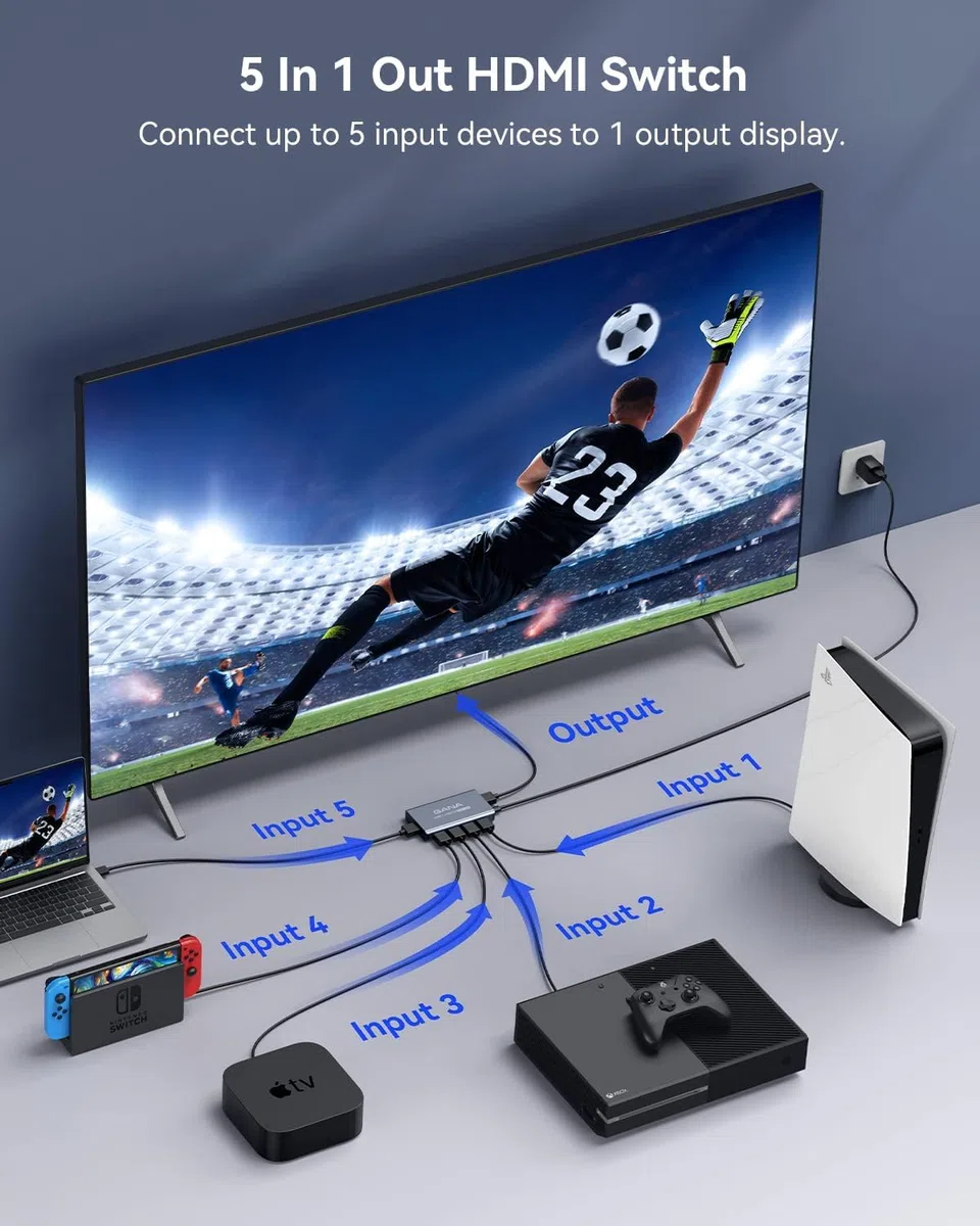 GANA - Conmutador HDMI 5 en 1 Salida 4K a 60Hz, conmutador Divisor HDMI con Control Remoto, Caja de Interruptor HDMI 2.0 de Aluminio para 3D, HDCP2.2, HDR, Compatible con Xbox, PS5/4/3, Fire Stick,