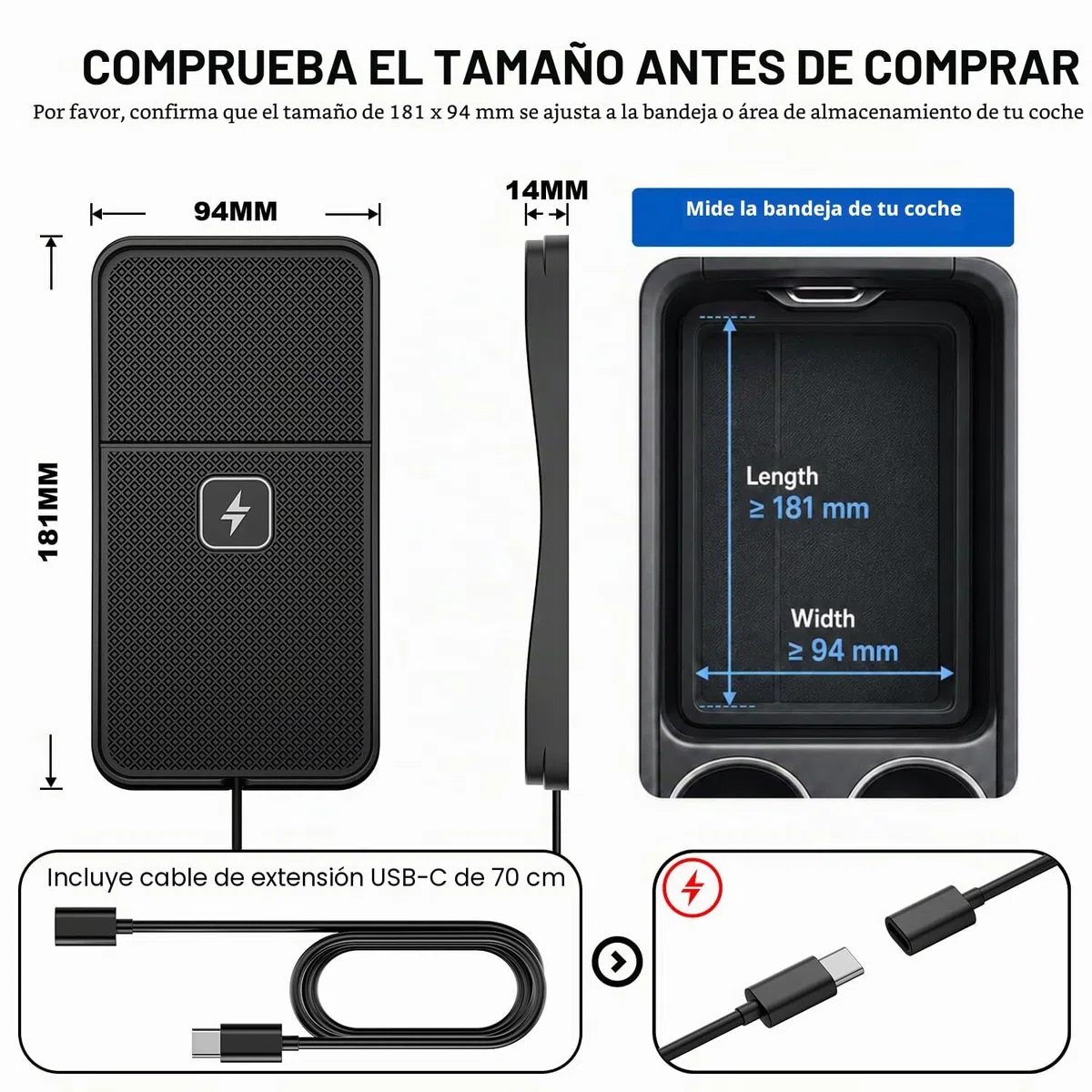 Alfombrilla Cargador Inalámbrico Coche, Polmxs 15W Cargador Coche Carga Rapida Inalambrico Antideslizante con Cable de 30cm y Extensión de 70cm, Compatible con iPhone 16/15/14/13/12, Samsung, Google