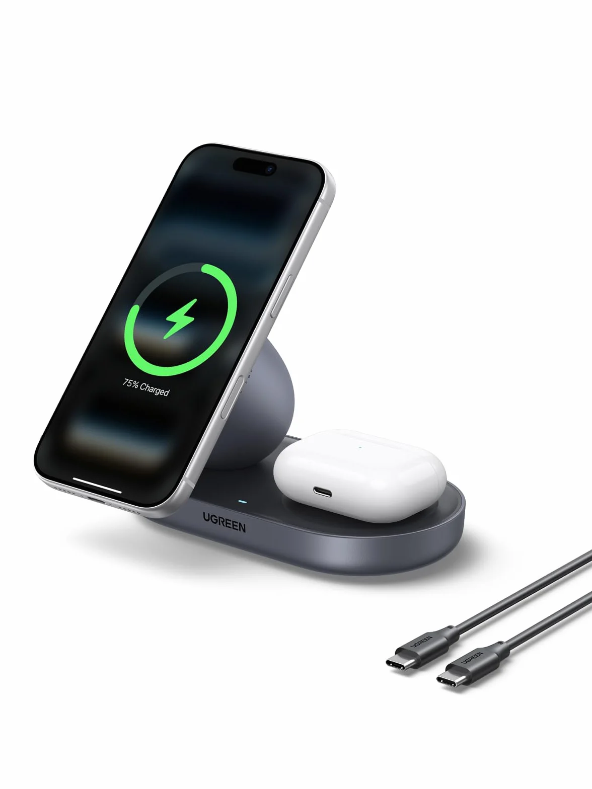 UGREEN Zapix Cargador Inalámbrico iPhone Magsafe Certificación Qi2 15W Compatible con iPhone 17 16 15 14 13 12 Pro MAX Air Plus AirPods, 2 en 1 Base de Carga sem Fios Magnética (Negro)