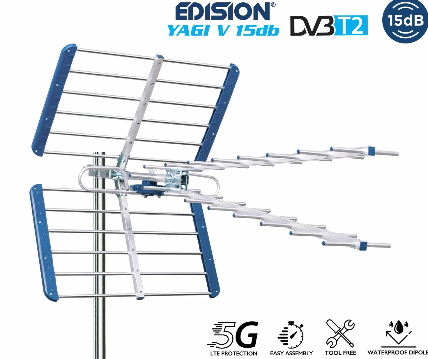 EDISION YAGI V 15db Antena TDT UHF 21-48 Exterior Digital Terrestre, con Filtro LTE 5G, Ideal para recepción de Televisión Digital Terrestre DVB-T/T2,Frecuencias 470-694Mhz,Longitud 105cm,LTE700,Azul