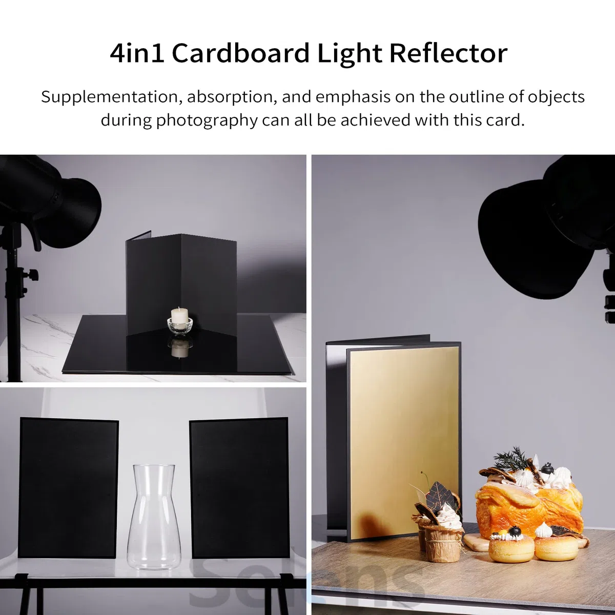 Selens Reflector de luz 4 en 1, difusor de cartón, fotografía, 42 x 29,7 cm, tablero plegable para el producto, accesorios de alimentos, joyería, fotografía, plata/blanco/oro/negro, A3