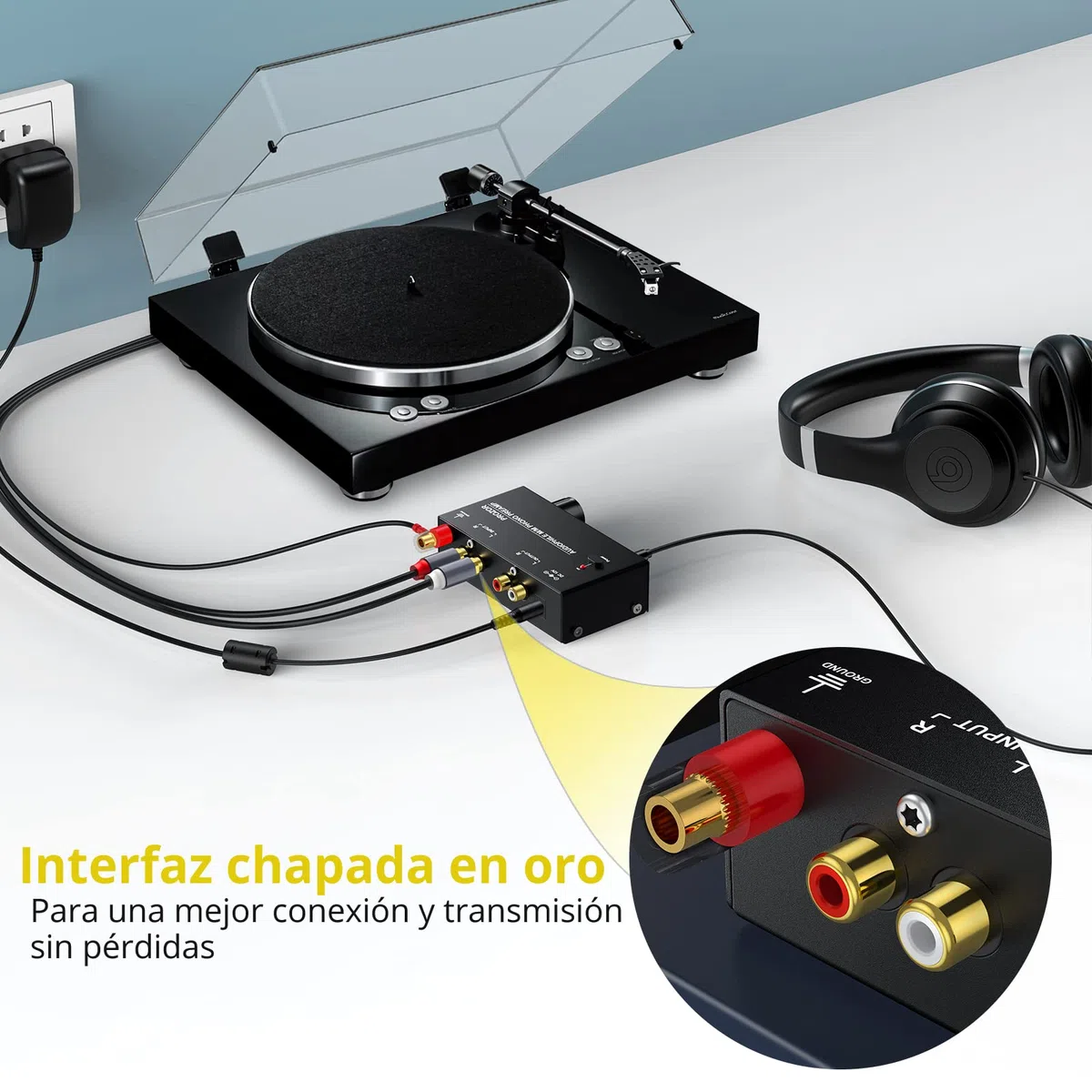 Preamplificador de Fono MM RIAA Preamp Tocadiscos Preamplificador de Microfono con Controles de Nivel Conector de Entrada y Salida RCA con Adaptador de Corriente 12V Preamplificador Estereo HiFi