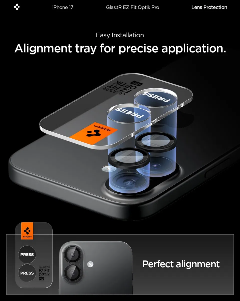 Spigen Glas.tR EZ Fit Optik Pro Protector de Cámara para iPhone 17, iPhone 16/16 Plus, Negro, 2 Unidades, Instalación Fácil, 9H Dureza, Anti-Arañazos