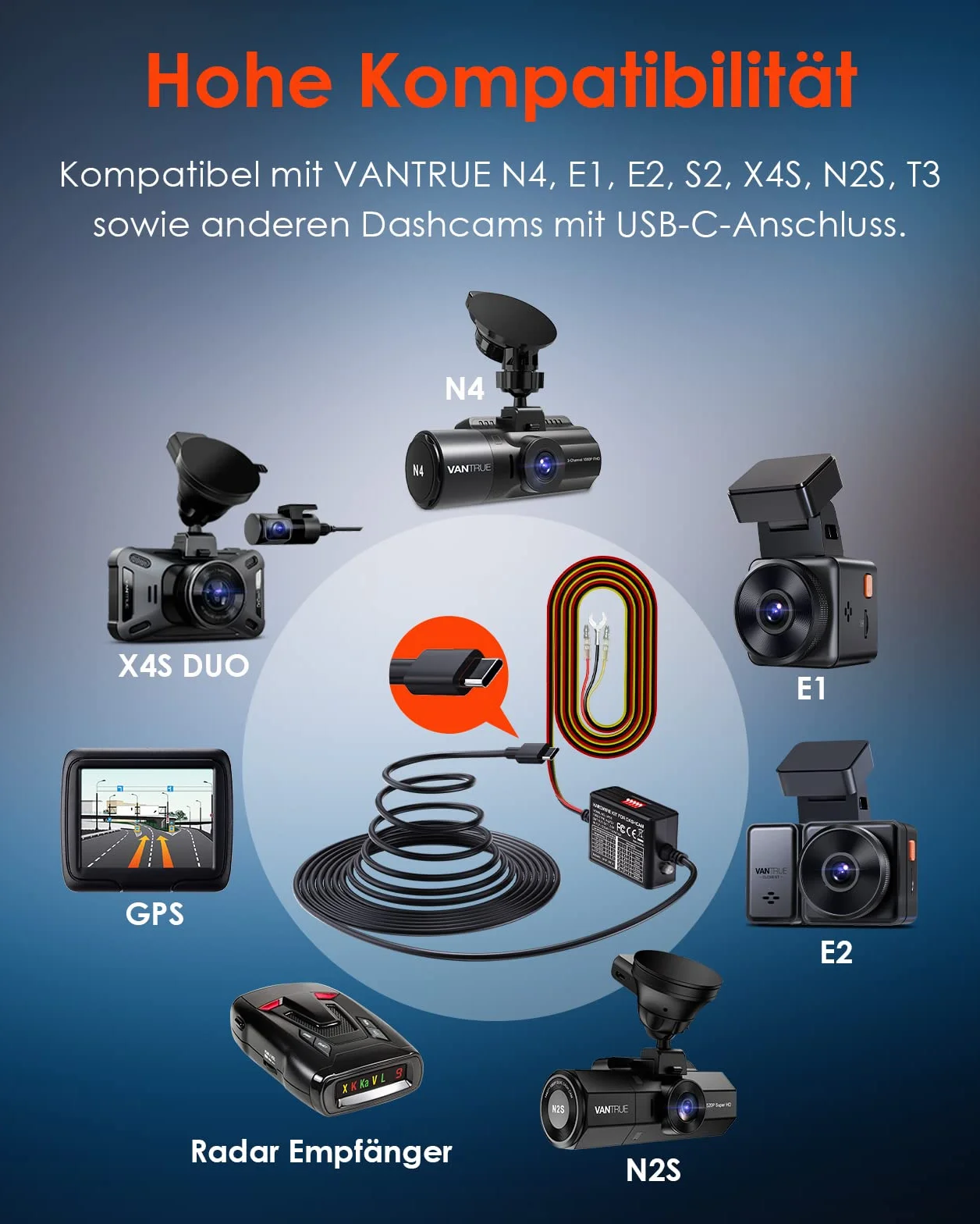 VANTRUE Kit de cableado USB-C de 5 Niveles y 11,5 pies con Acceso para Todas Las cámaras CDashcam USB, 6 configuraciones de Tiempo de grabación, 12 V-24 V a 5 V, 24 Horas. Modo de estacionamiento