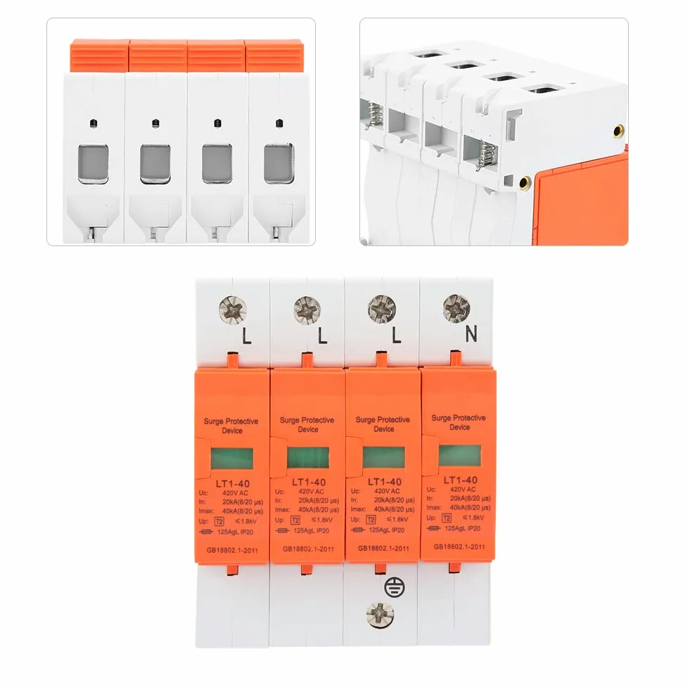4 Polos AC 420V, 40KA, Protector de Sobretensión Doméstico, Dispositivo Pararrayos de Bajo Voltaje, para Protección Contra Rayos