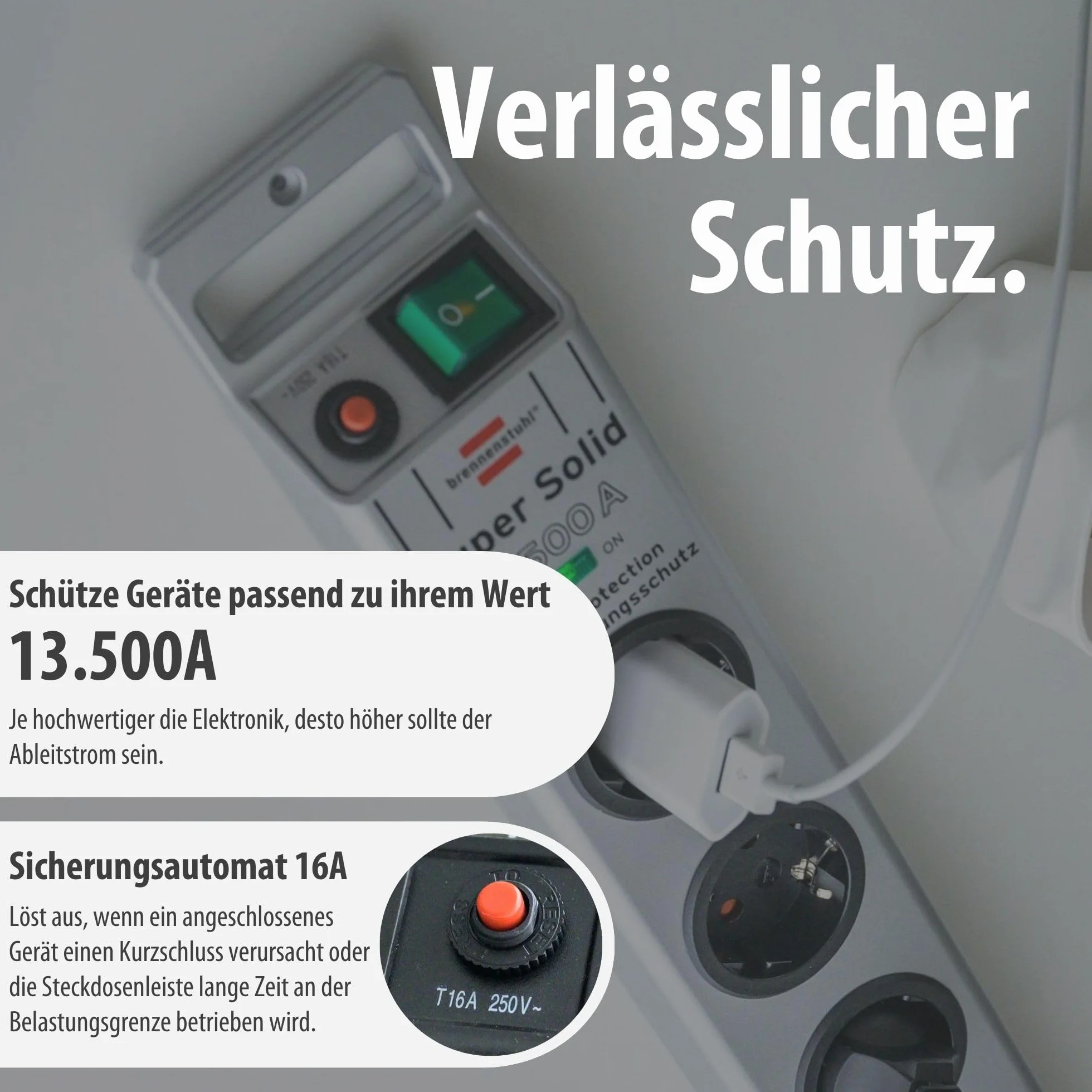 Brennenstuhl Super-Solid regleta de 5 enchufes con protección contra sobretensiones (regleta eléctrica con Cable de 2,5m e Interruptor - de policarbonato Resistente a la Rotura) Plata
