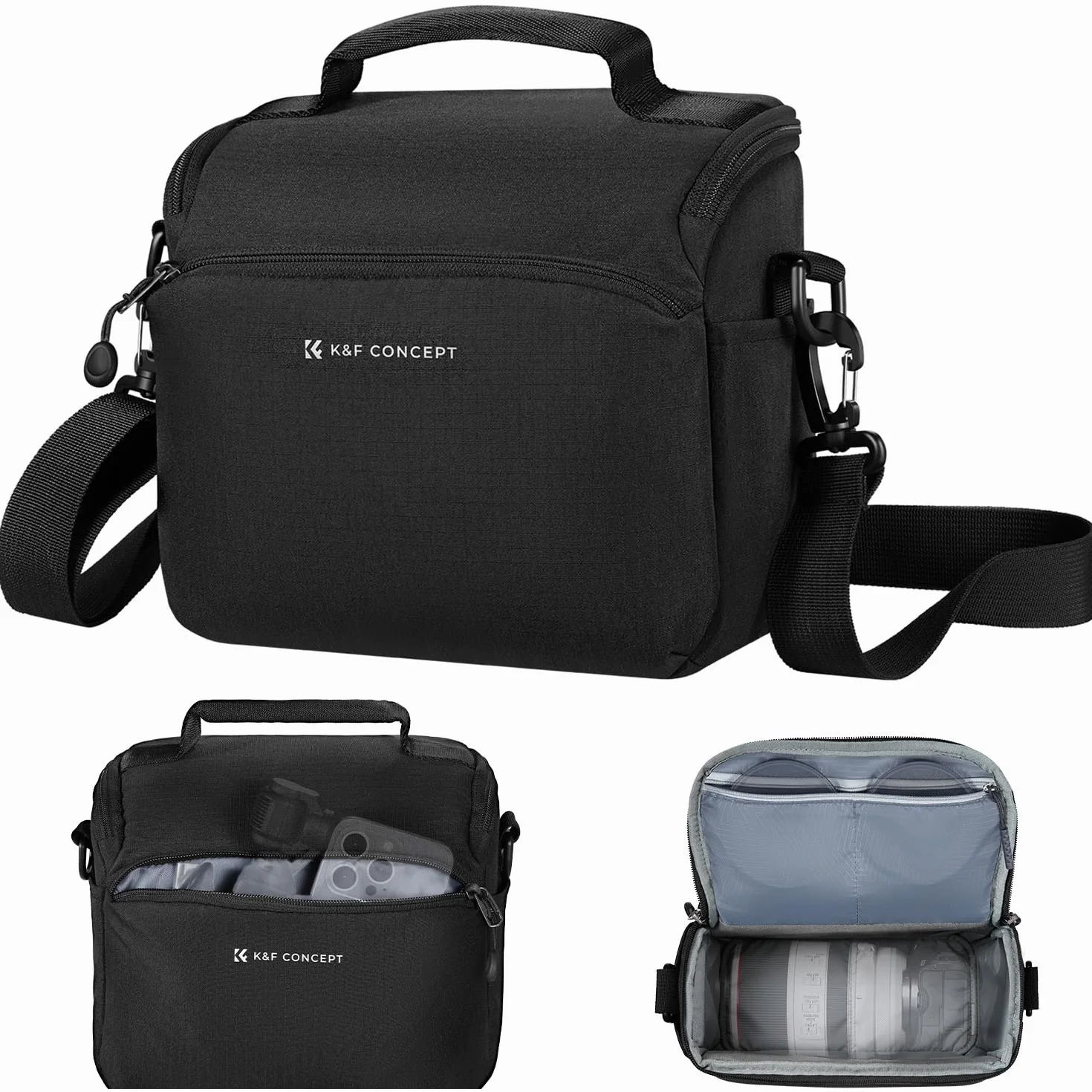 K&F CONCEPT Bolsa Funda Cámara Réflex Impermeable Pequeño Estuche Crossbody para cámara de Hombro con Correa Ajustable DSLR/SLR/Mirrorless Compact Photography Bags-Negro