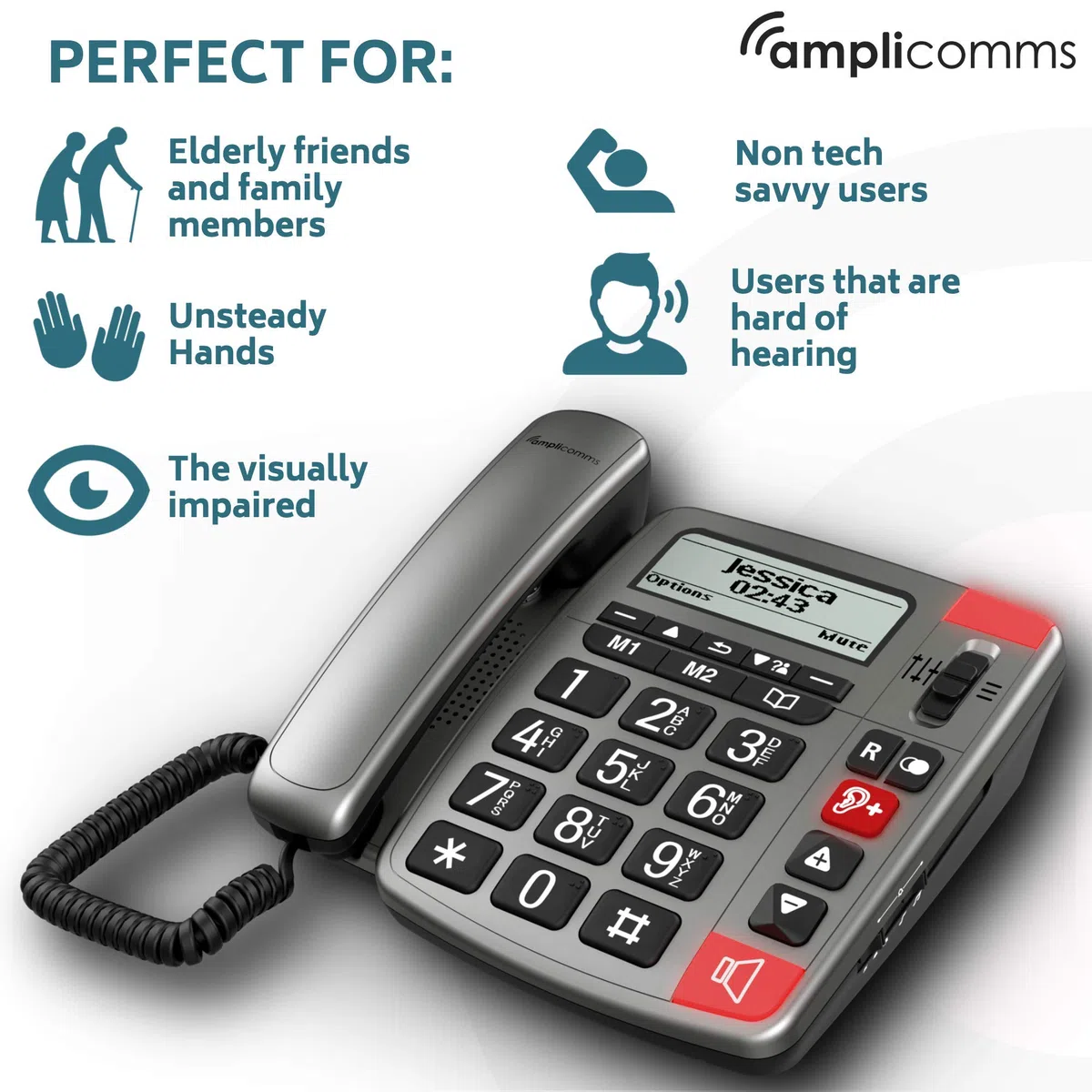 Amplicomms PowerTel 196 Teléfono fijo teclas grandes con pantalla