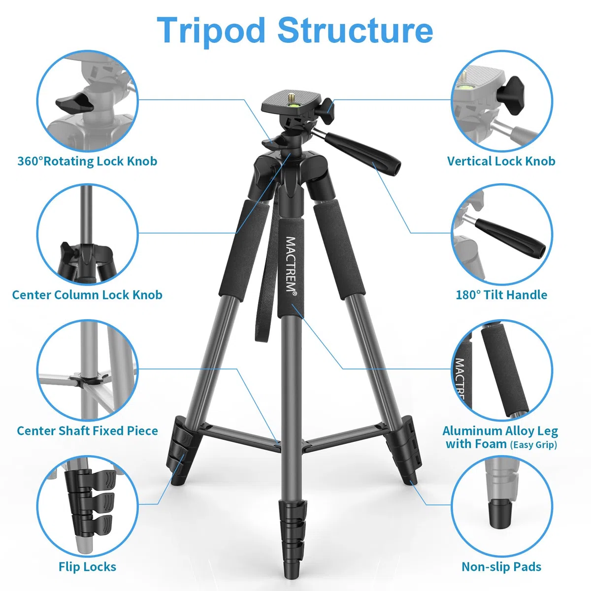 Trípode para iPad iPhone Cámara, MACTREM 165 cm Tripode Cámara de Movil con Remoto Bluetooth para Tableta Smartphone/Huawei/Samsung, GoPro, Nikon, Sony -Gris